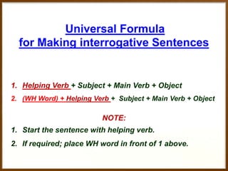 Universal Formula
for Making interrogative Sentences

1. Helping Verb + Subject + Main Verb + Object
2. (WH Word) + Helping Verb + Subject + Main Verb + Object

NOTE:
1. Start the sentence with helping verb.
2. If required; place WH word in front of 1 above.

 