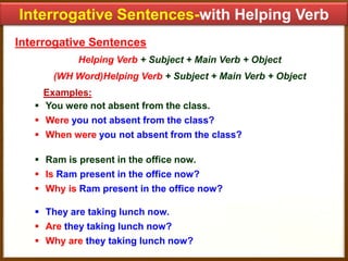 Interrogative Sentences-with Helping Verb
Interrogative Sentences
Helping Verb + Subject + Main Verb + Object
(WH Word)Helping Verb + Subject + Main Verb + Object

Examples:
 You were not absent from the class.
 Were you not absent from the class?
 When were you not absent from the class?
 Ram is present in the office now.
 Is Ram present in the office now?
 Why is Ram present in the office now?

 They are taking lunch now.
 Are they taking lunch now?
 Why are they taking lunch now?

 