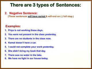 There are 3 types of Sentences:
2. Negative Sentence:
(These sentences will have no/not & will end on (.) full stop.)

Examples:
1. Priya is not working these days.
2. You were not present in the class yesterday.
3. There are no students in the class now.
4. Kamal doesn’t have a car.
5. I could not complete your work yesterday.
6. She didn’t bring my book that day.

7. There was no water in the lake.
8. We have no light in our house today.

 