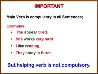 IMPORTANT
Main Verb is compulsory in all Sentences;

Examples:


You appear tired.

 She works very hard.
 I like reading.
 They study in Surat.

But helping verb is not compulsory.

 