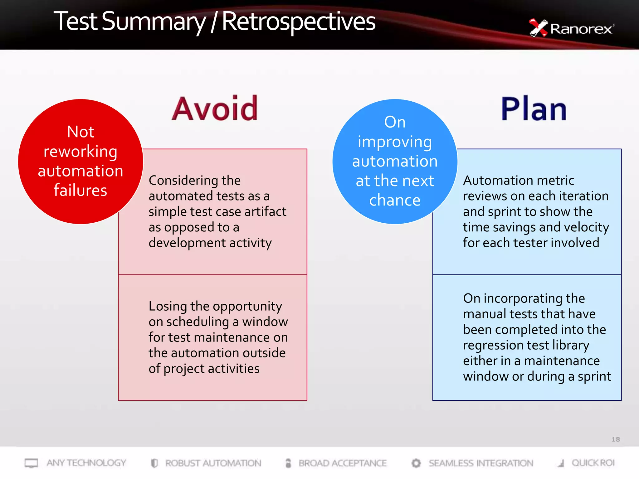 18
TestSummary/Retrospectives
Considering the
automated tests as a
simple test case artifact
as opposed to a
development activity
Losing the opportunity
on scheduling a window
for test maintenance on
the automation outside
of project activities
Not
reworking
automation
failures
Automation metric
reviews on each iteration
and sprint to show the
time savings and velocity
for each tester involved
On incorporating the
manual tests that have
been completed into the
regression test library
either in a maintenance
window or during a sprint
On
improving
automation
at the next
chance
 