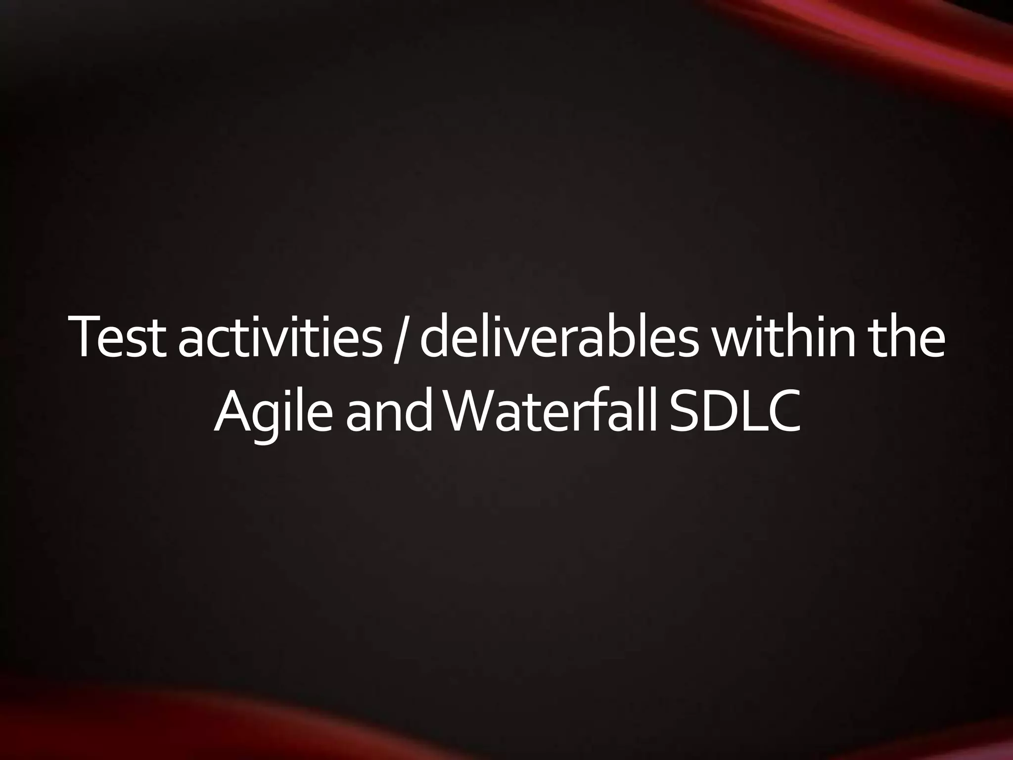 Testactivities/deliverableswithinthe
AgileandWaterfallSDLC
 