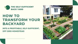 HOW TO
TRANSFORM YOUR
BACKYARD
INTO A PROFITABLE, SELF-SUFFICIENT,
OFF GRID HOMESTEAD
THE SELF-SUFFICIENT
BACK YARD
 