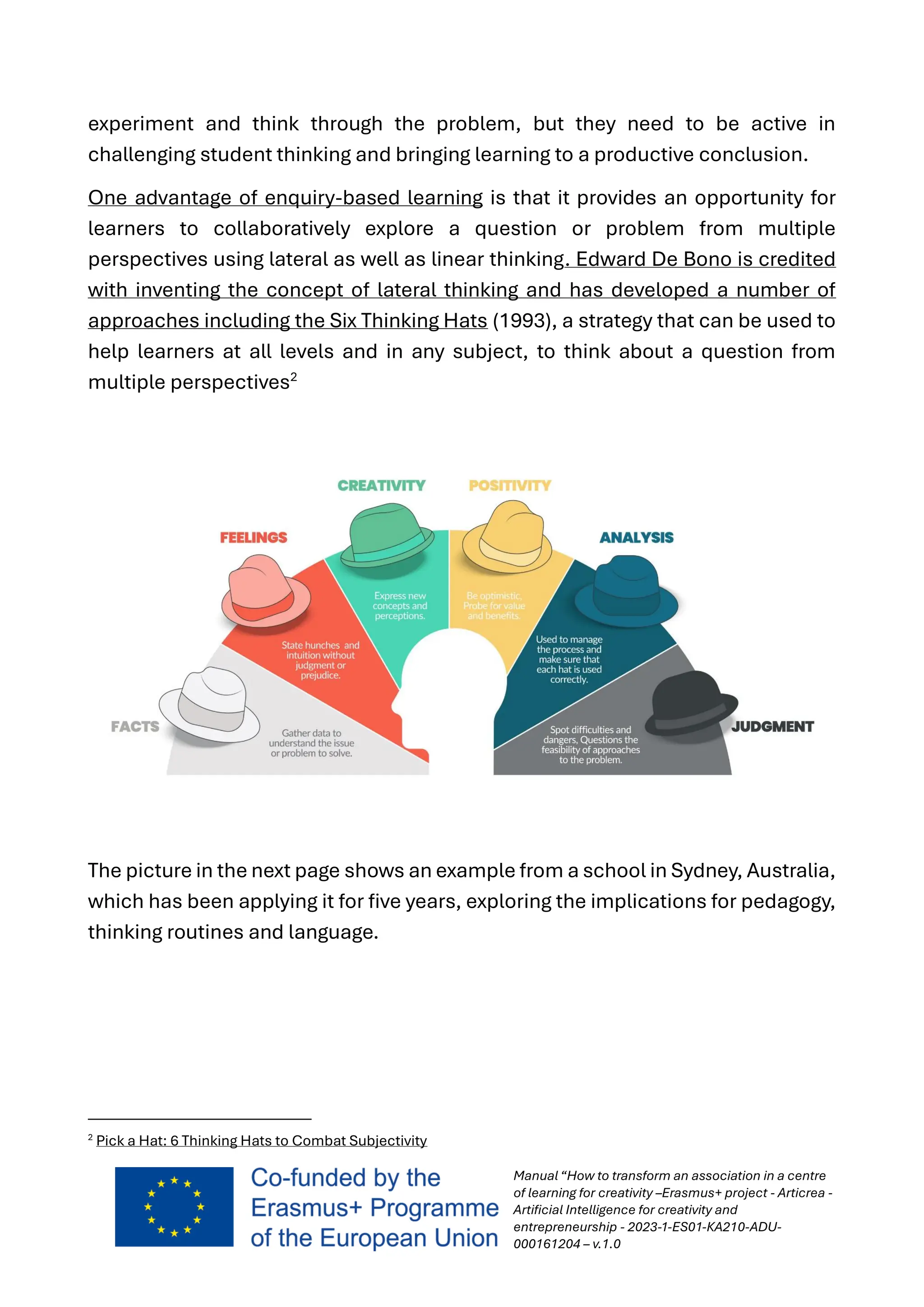 Manual “How to transform an association in a centre
of learning for creativity –Erasmus+ project - Articrea -
Artificial Intelligence for creativity and
entrepreneurship - 2023-1-ES01-KA210-ADU-
000161204 – v.1.0
experiment and think through the problem, but they need to be active in
challenging student thinking and bringing learning to a productive conclusion.
One advantage of enquiry-based learning is that it provides an opportunity for
learners to collaboratively explore a question or problem from multiple
perspectives using lateral as well as linear thinking. Edward De Bono is credited
with inventing the concept of lateral thinking and has developed a number of
approaches including the Six Thinking Hats (1993), a strategy that can be used to
help learners at all levels and in any subject, to think about a question from
multiple perspectives2
The picture in the next page shows an example from a school in Sydney, Australia,
which has been applying it for five years, exploring the implications for pedagogy,
thinking routines and language.
2
Pick a Hat: 6 Thinking Hats to Combat Subjectivity
 