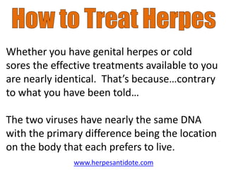 Whether you have genital herpes or cold
sores the effective treatments available to you
are nearly identical. That’s because…contrary
to what you have been told…

The two viruses have nearly the same DNA
with the primary difference being the location
on the body that each prefers to live.
               www.herpesantidote.com
 