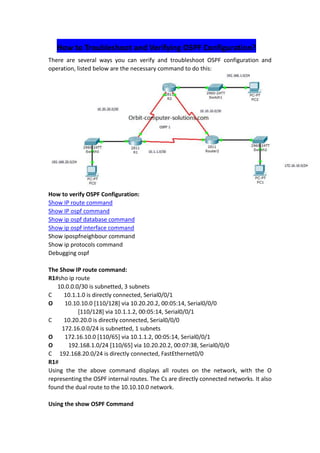How to Troubleshoot and Verifying OSPF Configuration?
There are several ways you can verify and troubleshoot OSPF configuration and
operation, listed below are the necessary command to do this:
How to verify OSPF Configuration:
Show IP route command
Show IP ospf command
Show ip ospf database command
Show ip ospf interface command
Show ipospfneighbour command
Show ip protocols command
Debugging ospf
The Show IP route command:
R1#sho ip route
10.0.0.0/30 is subnetted, 3 subnets
C 10.1.1.0 is directly connected, Serial0/0/1
O 10.10.10.0 [110/128] via 10.20.20.2, 00:05:14, Serial0/0/0
[110/128] via 10.1.1.2, 00:05:14, Serial0/0/1
C 10.20.20.0 is directly connected, Serial0/0/0
172.16.0.0/24 is subnetted, 1 subnets
O 172.16.10.0 [110/65] via 10.1.1.2, 00:05:14, Serial0/0/1
O 192.168.1.0/24 [110/65] via 10.20.20.2, 00:07:38, Serial0/0/0
C 192.168.20.0/24 is directly connected, FastEthernet0/0
R1#
Using the the above command displays all routes on the network, with the O
representing the OSPF internal routes. The Cs are directly connected networks. It also
found the dual route to the 10.10.10.0 network.
Using the show OSPF Command
 