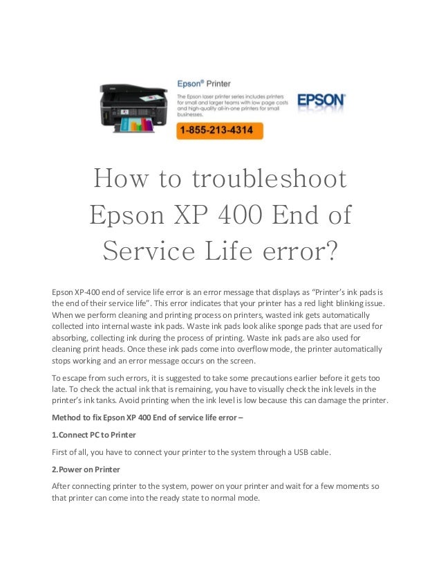 How to troubleshoot Epson XP 400 End of Service Life error?