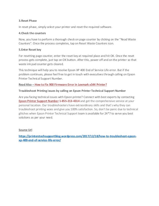 How to troubleshoot Epson XP 400 End of Service Life error?