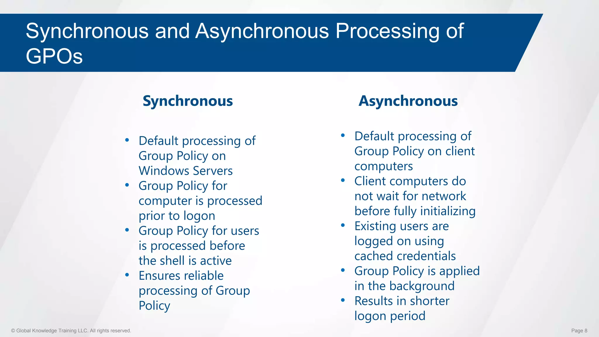 © Global Knowledge Training LLC. All rights reserved. Page 8
Synchronous and Asynchronous Processing of
GPOs
• Default processing of
Group Policy on
Windows Servers
• Group Policy for
computer is processed
prior to logon
• Group Policy for users
is processed before
the shell is active
• Ensures reliable
processing of Group
Policy
Synchronous
• Default processing of
Group Policy on client
computers
• Client computers do
not wait for network
before fully initializing
• Existing users are
logged on using
cached credentials
• Group Policy is applied
in the background
• Results in shorter
logon period
Asynchronous
 