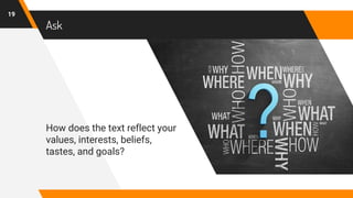 Ask
How does the text reflect your
values, interests, beliefs,
tastes, and goals?
19
 