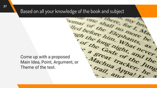 Based on all your knowledge of the book and subject
Come up with a proposed
Main Idea, Point, Argument, or
Theme of the text.
27
 