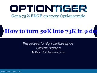 www.optiontiger.com
Get a 75% EDGE on every Options trade
The secrets to High performance
Options trading
Author: Hari Swaminathan
How to turn 50K into 73K in 9 day
 