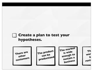 Create a plan to test your
hypotheses.
There are
other
customers
The product
can be
productized
The market
is wide
enough ...