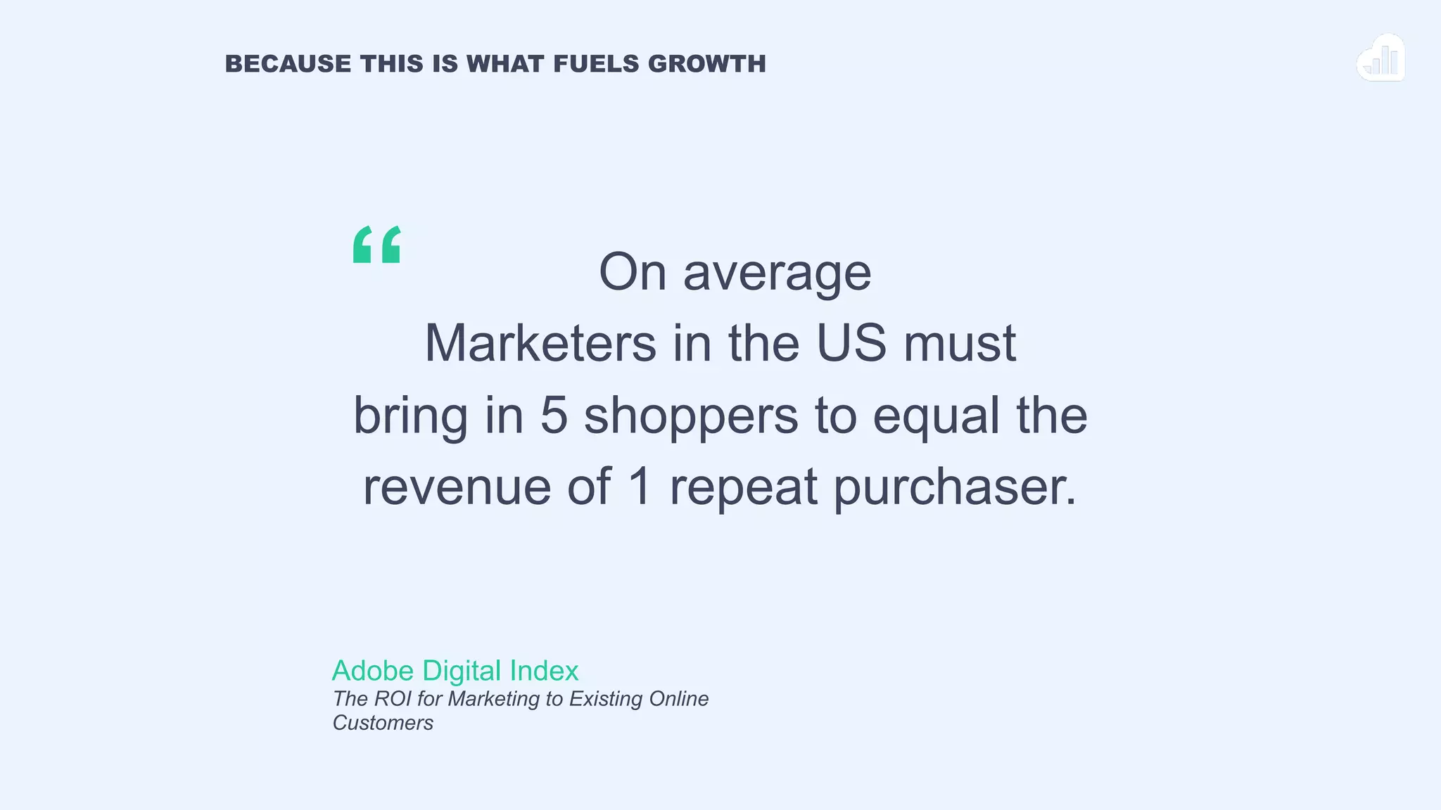 BECAUSE THIS IS WHAT FUELS GROWTH
Adobe Digital Index
The ROI for Marketing to Existing Online
Customers
On average
Marketers in the US must
bring in 5 shoppers to equal the
revenue of 1 repeat purchaser.
“
 