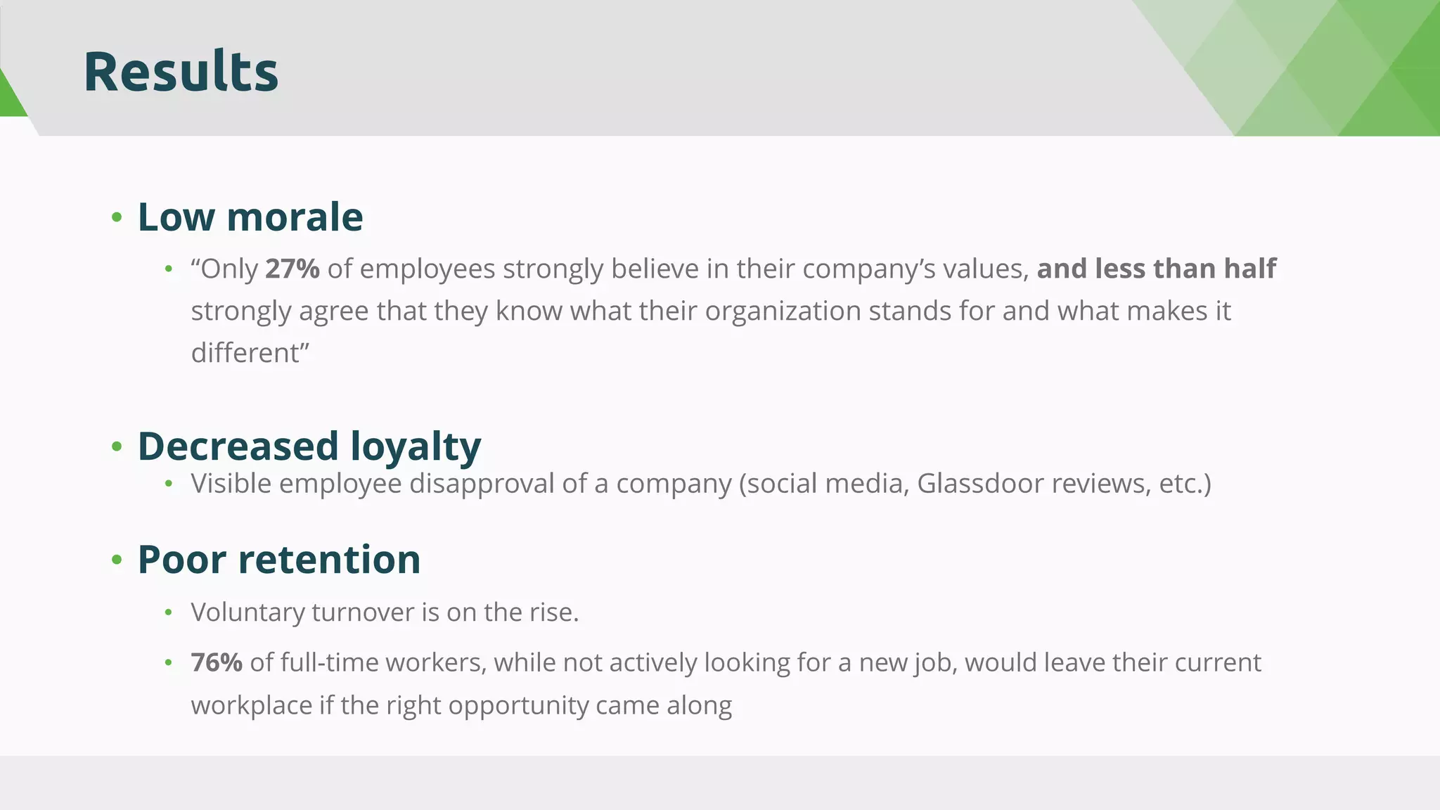 Results
• Low morale
• “Only 27% of employees strongly believe in their company’s values, and less than half
strongly agree that they know what their organization stands for and what makes it
different”
• Decreased loyalty
• Visible employee disapproval of a company (social media, Glassdoor reviews, etc.)
• Poor retention
• Voluntary turnover is on the rise.
• 76% of full-time workers, while not actively looking for a new job, would leave their current
workplace if the right opportunity came along
 