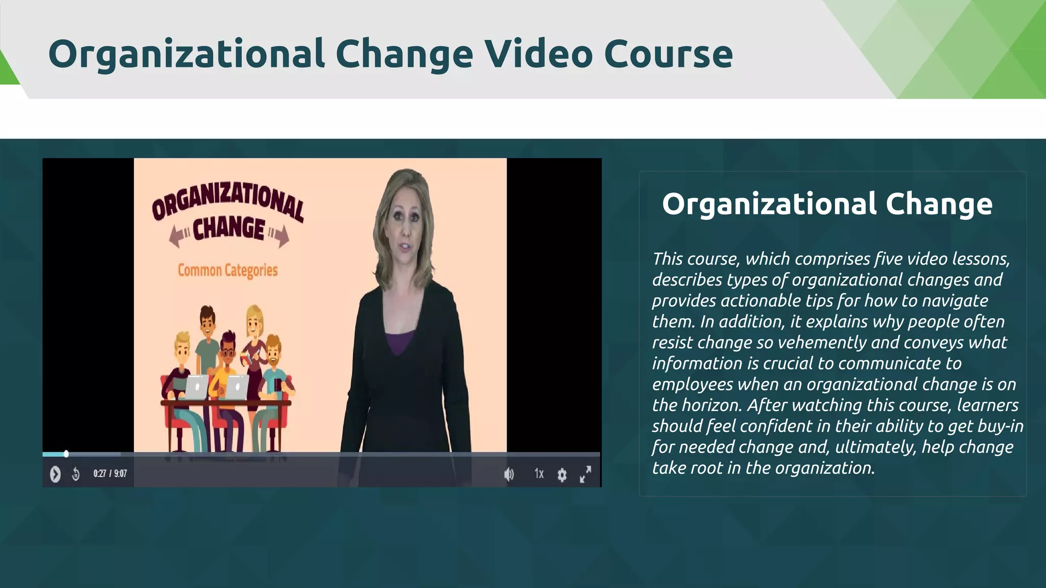Organizational Change Video Course
This course, which comprises five video lessons,
describes types of organizational changes and
provides actionable tips for how to navigate
them. In addition, it explains why people often
resist change so vehemently and conveys what
information is crucial to communicate to
employees when an organizational change is on
the horizon. After watching this course, learners
should feel confident in their ability to get buy-in
for needed change and, ultimately, help change
take root in the organization.
Organizational Change
 