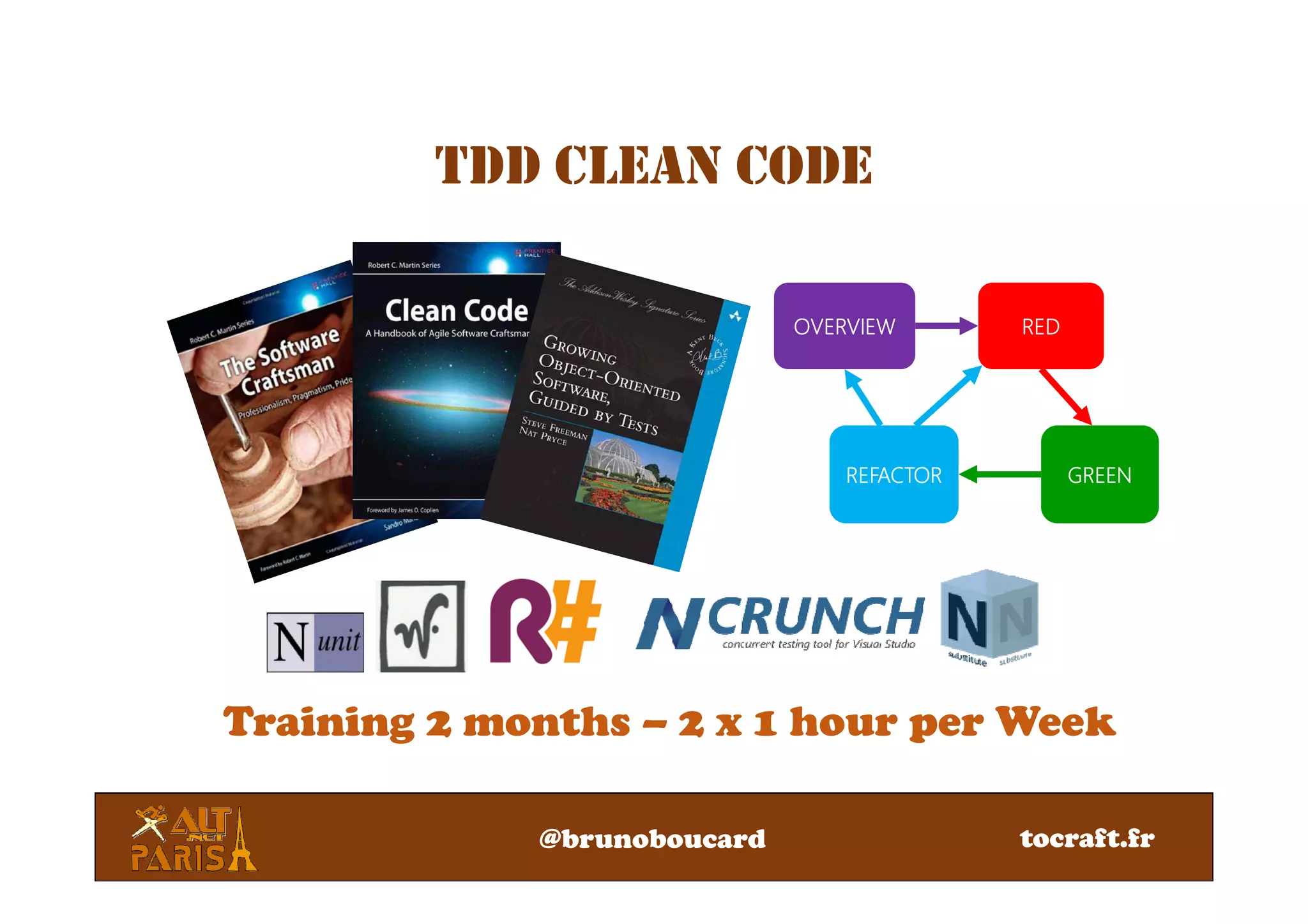 TDD CLEAN CODE
OVERVIEWOVERVIEWOVERVIEWOVERVIEW REDREDREDRED
REFACTORREFACTORREFACTORREFACTOR GREENGREENGREENGREEN
Training 2 months – 2 x 1 hour per Week
@brunoboucard tocraft.fr
 