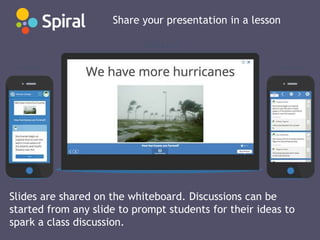 Share your presentation in a lesson
Slides are shared on the whiteboard. Discussions can be
started from any slide to prompt students for their ideas to
spark a class discussion.
 