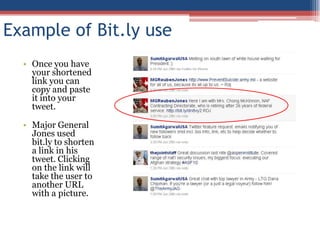 Note: You can also send a direct message from you home page by using the following in your "What are you doing?" box: D @ [username] + [message]Bit.ly and Go.USA.govBit.ly is one way to shorten the number of characters of your tweet if you want to include a link. It takes an existing web address and makes it shorter.