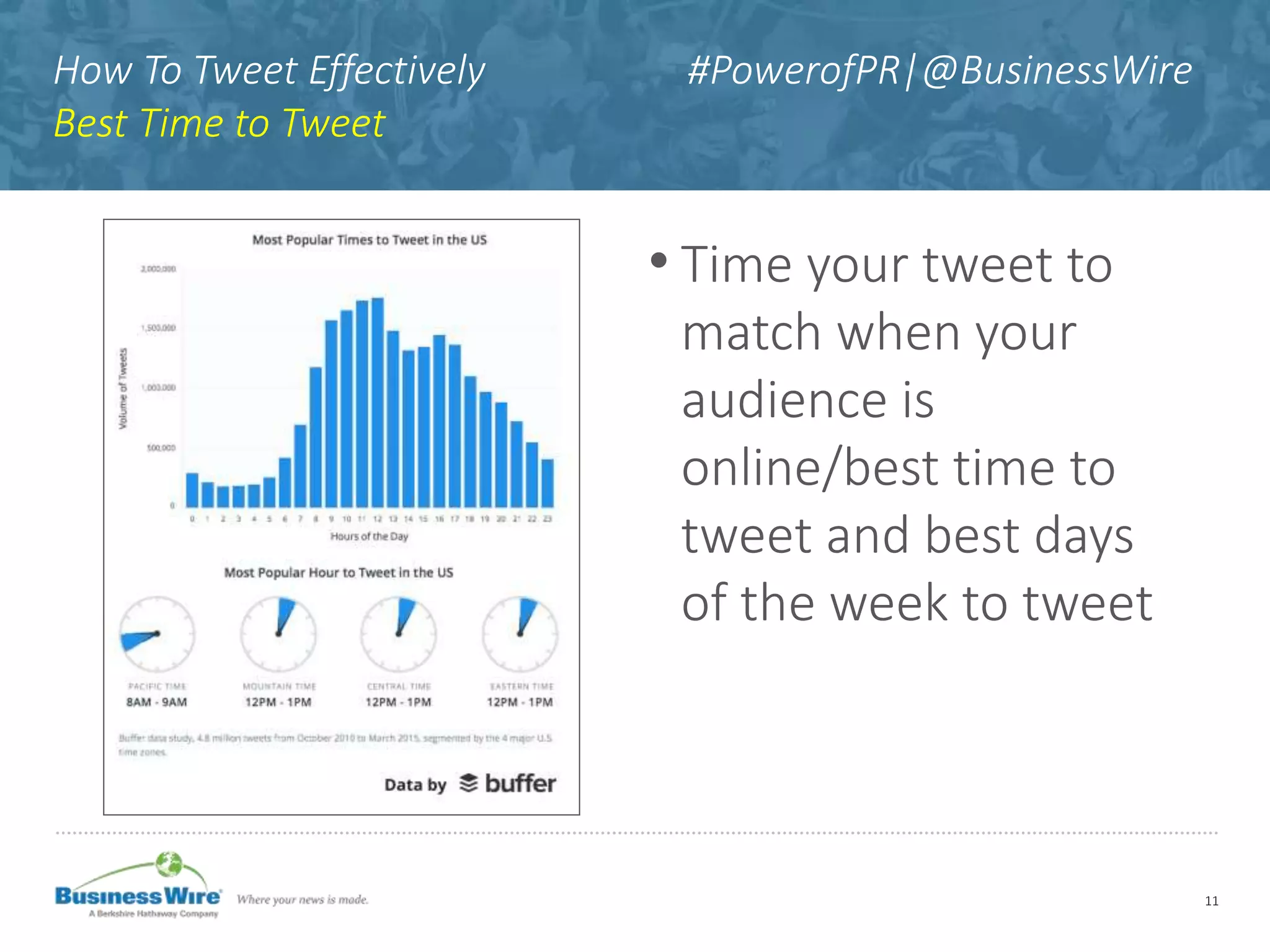 How To Tweet Effectively #PowerofPR|@BusinessWire
Best Time to Tweet
• Time your tweet to
match when your
audience is
online/best time to
tweet and best days
of the week to tweet
11
 