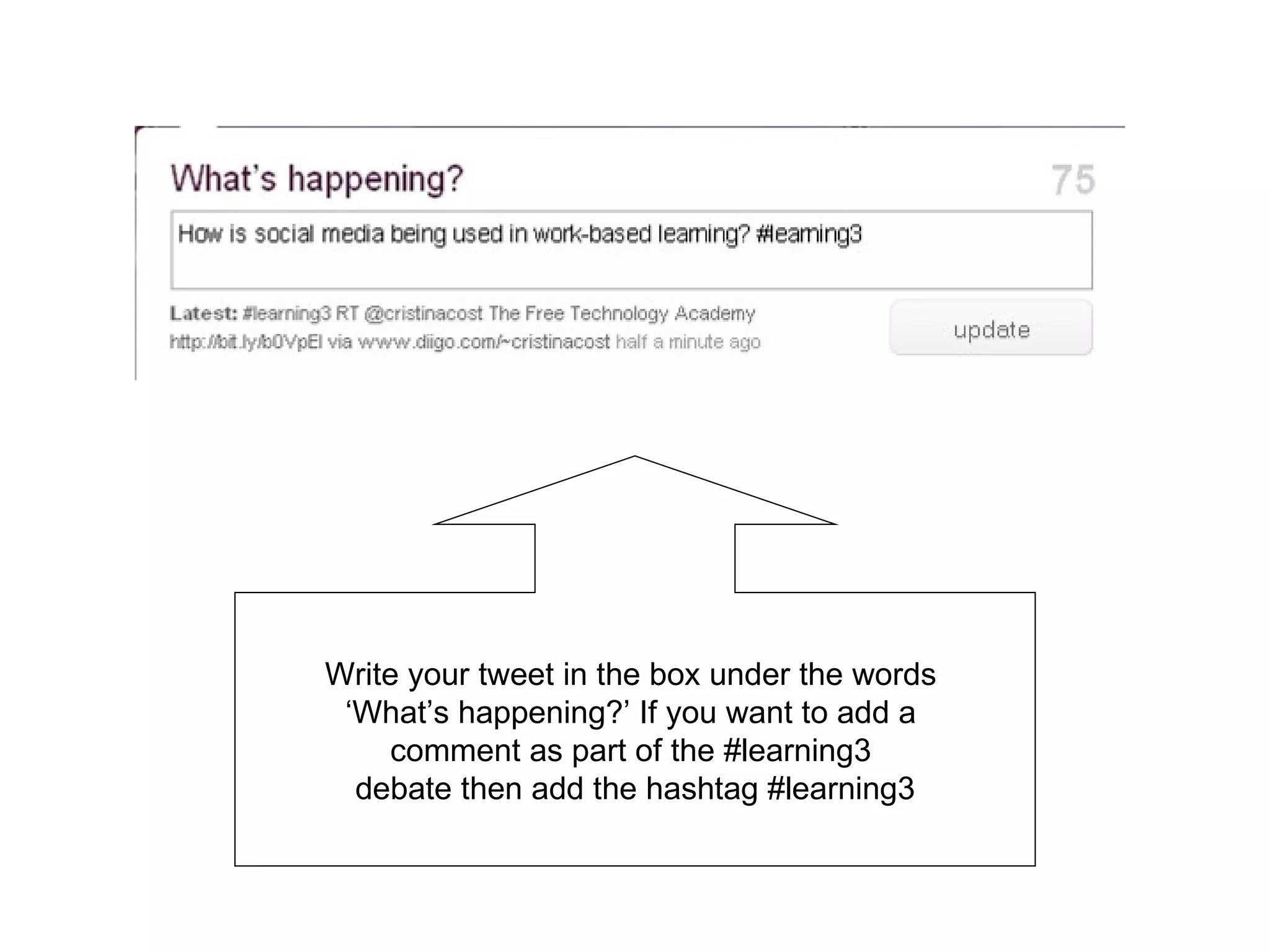 Write your tweet in the box under the words  ‘What’s happening?’ If you want to add a  comment as part of the #learning3  debate then add the hashtag #learning3 