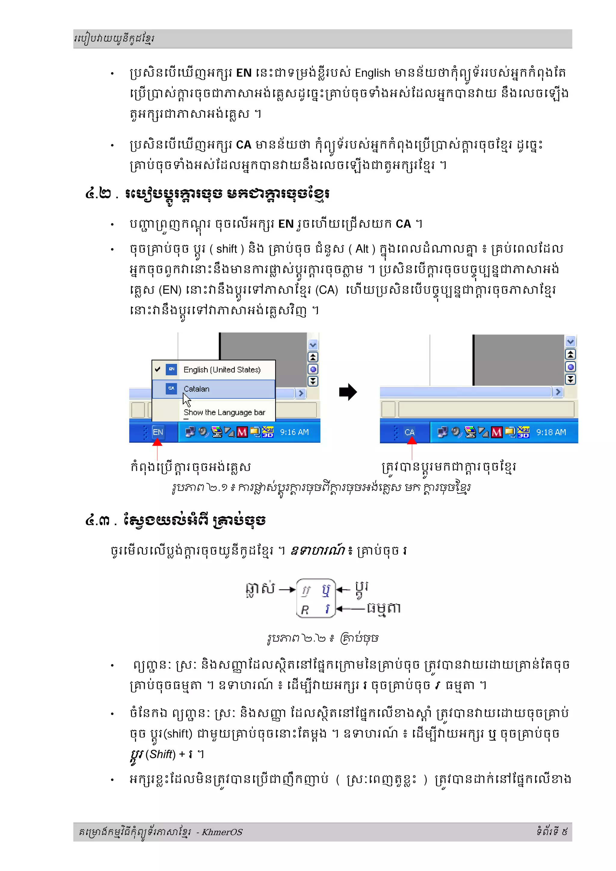 រេបៀប យយនកដែខរ
ូ ូ ម
ី
• ្របសិនេបេឃញអក រ EN េនះជទ្រមង់ខ្លីរបស់ English មនន័យថកុំពយទ័ររបស់អនកកំពុងែត
ូ
េ្រប្របស់ករចុចជភ អង់េគ្លសដូេចនះ្រគប់ចុចទំងអស់ែដលអនកបន យ នឹងេលចេឡង
តួអក រជភ អង់េគ្លស ។
• ្របសិនេបេឃញអក រ CA មនន័យថ កុំពយទ័របស់អនកកំពុងេ្រប្របស់ករចុចែខមរ ដូេចនះ
ូ
្រគប់ចុចទំងអស់ែដលអនកបន យនឹងេលចេឡងជតួអក រែខមរ ។
៤.២ . រេប បបរក
្ដ រចុច មកជក
្ដ រចុចែខរ
្ដ ម
ូ
• បញ
ជ ្រពញកណរ ចុចេលអក រ
ុ EN រួចេហយេ្រជសយក CA ។
• ចុច្រគប់ចុច ប្តរ
ូ ( shift ) និង ្រគប់ចុច ជំនួស ( Alt ) កនង
ុ េពលដំ លគ
ន ៖ ្រគប់េពលែដល
អនកចុចពួក េនះនឹងមនករផ
្ល ស់ប្តរក
្ត រចុចភ
្ល ម ។ ្របសិនេបក
្ត រចុចបចចបបននជភ អង់
ូ ុ
េគ្លស (EN) េនះ នឹងប្តរេទភ ែខមរ
ូ (CA) េហយ្របសិនេបបចចបបននជក
្ត រចុចភ ែខមរ
ុ
េនះ នឹងប្តរេទ ភ អង់េគ្លសវញ
ូ ិ ។
¨
រូបភព ២.១ ៖ ករផស់បរករចុចពីករចុចអង់េគស មក ករចុចែខមរ
ូ
៤.៣ . ែសងយល់អំពី គប់ចុច
ចូរេមលេលប្លង់ករចុចយូនីកូដែខមរ ។ ឧទហរណ
៍ ៖ ្រគប់ចុច រ
រូបភព ២.២ ៖ គប់ចុច
• ពយញ
ជ នៈ សៈ និងសញ
ញ ែដលសថិតេនែផនកេ្រកមៃន្រគប់ចុច ្រតវបន យេ យ្រគន់ែតចុច
្រគប់ចុចធមម ។ ឧទហរណ
៍ ៖ េដមបី យអក រ រ ចុច្រគប់ចុច រ ធមម ។
• ចំែនកឯ ពយញ
ជ នៈ សៈ និងសញ
ញ ែដលសថិតេនែផនកេលខង ្ត ំ ្រតវបន យេ យចុច្រគប់
ចុច ប្តរ
ូ (shift) ជមួយ្រគប់ចុចេនះែតម្តង ។ ឧទហរណ
៍ ៖ េដមបី យអក រ ឬ ចុច្រគប់ចុច
ប្តរ
ូ (Shift) + រ ។
• អក រខ្លះែដលមិន្រតវបនេ្របជញឹកញប់ ( សៈេពញតួខ្លះ ) ្រតវបន ក់េនែផនកេលខង
គេ មងកមវធកពយទរភ ែខរ
ម ុ ម
ិ ី ំ ័
ូ - KhmerOS ទពរទ
ំ ័ ី ៥
កំពុងេ្របករចុចអង់េគស ្រតវបនបរមកជករចុចែខមរ
ូ
 