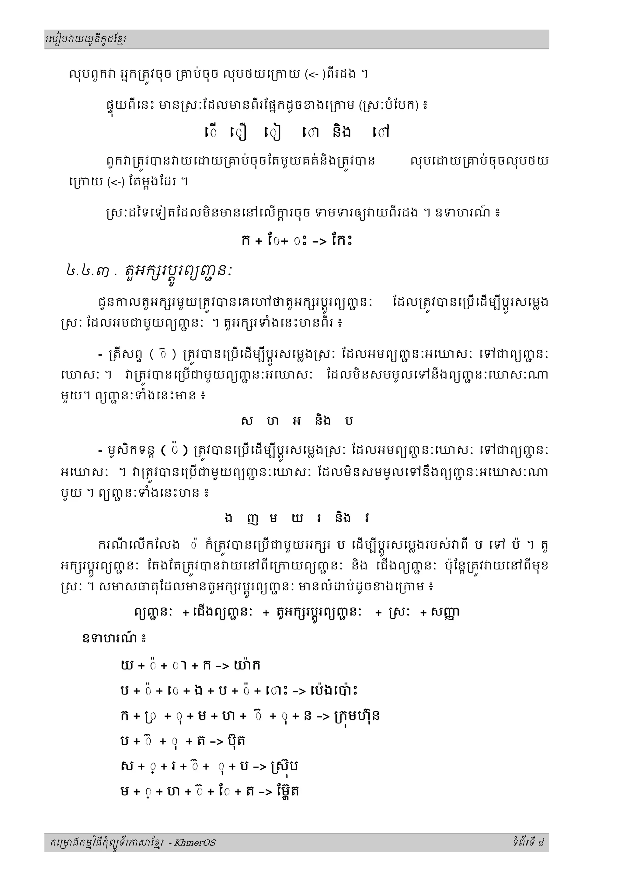 ូ ី ូ
រេបៀប យយនកដែខរម



    លុបពួក     អនក្រតវចុច ្រគប់ ចុច លុបថយេ្រកយ (<- )ពី រដង ។

            ផទុយពីេនះ មន សៈែដលមនពីរែផនកដូចខងេ្រកម ( សៈបំែបក) ៖

                                 េ◌ េ◌ឿ       េ◌ៀ       េ◌ និង          េ◌

            ពួក ្រតវបន យេ          យ្រគប់ចុចែតមួយគត់និង្រតវបន                      លុបេ    យ្រគប់ចុចលុបថយ
    េ្រកយ (<-) ែតម្តងែដរ ។

             សៈដៃទេទៀតែដលមិ នមនេនេលករចុច ទមទរឲយ យពីរដង ។ ឧទហរណ ៖
                                     ្ត                        ៍

                                           ក + ែ◌+ ◌ះ -> ែកះ

   ៤.៤.៣ . តួ អក របរពយញនៈ
                   ូ   ជ

          ជួនកលតួអក រមួយ្រតវបនេគេ
                               ថតួ អក រប្តូរពយញនៈ
                                               ជ                                ែដល្រតវបនេ្របេដមបីប្តូរសេម្លង
   សៈ ែដលអមជមួយពយញនៈ ។ តួអក រទំងេនះមនពីរ ៖
                  ជ

          - ្រតី សពទ ( ◌៊ ) ្រតវបនេ្រប េដមបីប្តួរសេម្លង សៈ ែដលអមពយញនៈអេឃសៈ េទជពយញនៈ
                                                                     ជ             ជ
  េឃសៈ ។          ្រតវបនេ្របជមួយពយញនៈអេឃសៈ
                                    ជ                          ែដលមិនសមមូលេទនឹងពយញនៈេឃសៈ
                                                                                  ជ
  មួយ។ ពយញនៈទំងេនះមន ៖
          ជ

                                           ស   ហ     អ    និង    ប

          - មូសិកទន្ត ( ◌៉ ) ្រតវបនេ្របេដ មបីប្តូរសេម្លង សៈ ែដលអមពយញនៈេឃសៈ េទជពយញនៈ
                                                                      ជ            ជ
  អេឃសៈ ។             ្រតវបនេ្រប ជមួយពយញនៈេឃសៈ ែដលមិនសមមូលេទនឹងពយញនៈអេឃសៈ
                                         ជ                         ជ
  មួយ ។ ពយញនៈទំងេនះមន ៖
           ជ

                                       ង   ញ ម       យ     រ    និង   វ

          ករណេលកែលង ◌ ៉ ក៏្រតវបនេ្រប ជមួយអក រ ប េដមបីប្តូរសេម្លងរបស់ ពី ប េទ ប៉ ។ តួ
             ី
  អក រប្តូរពយញនៈ ែតងែត្រតវបន យេនពីេ្រកយពយញនៈ និង េជងពយញនៈ ប៉ុែន្ត្រតវ យេនពីមុខ
              ជ                           ជ             ជ
  សៈ ។ សមសធតុែដលមនតួអក រប្តូរពយញនៈ មនលំ ប់ ដូចខងេ្រកម ៖
                                     ជ

                  ពយញនៈ + េជងពយញនៈ + តួអក រប្តូរពយញនៈ
                     ជ           ជ                  ជ                     + សៈ + សញញ

      ឧទហរណ ៖
           ៍

               យ + ◌៉ + ◌ ា + ក -> យ៉ ក

               ប + ◌៉ + េ◌ + ង + ប + ◌៉ + េ◌ះ -> េប៉ងេប៉ ះ

               ក + ្រ◌ + ◌ុ + ម + ហ + ◌៊ + ◌ុ + ន -> ្រកុមហ៊ន
                                                            ុ

               ប + ◌៊ + ◌ុ + ត -> ប៊ត
                                    ុ

               ស + ◌្ + រ + ◌៊ + ◌ុ + ប -> ្រស៊ុប

               ម + ◌្ + ហ + ◌៊ + ែ◌ + ត -> ែម្ហត
                                               ៊



       ម ិ ី ុំ ូ ័
គេ មងកមវធកពយទរភ        ែខរ - KhmerOS
                         ម                                                                             ទពរទី ៨
                                                                                                        ំ ័
 