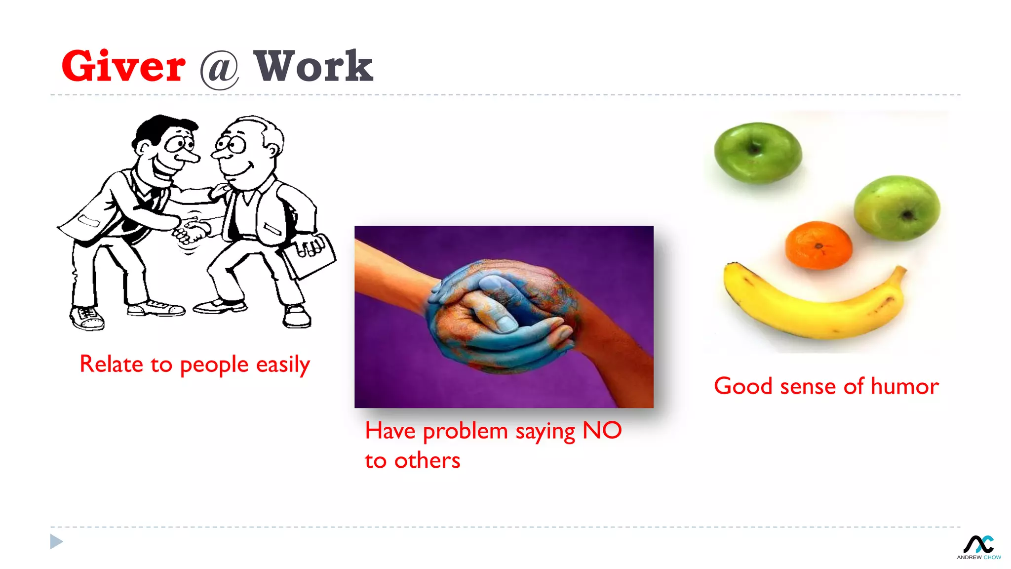 Giver @ Work
Relate to people easily
Have problem saying NO
to others
Good sense of humor
 