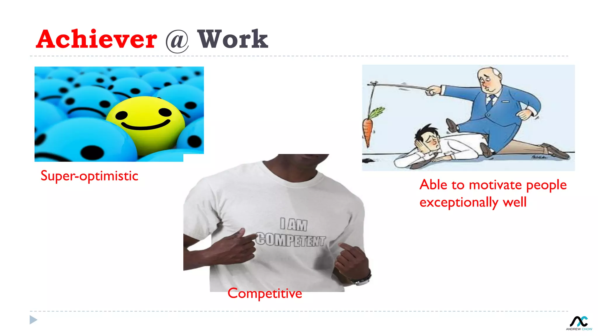 Achiever @ Work
Super-optimistic
Competitive
Able to motivate people
exceptionally well
 