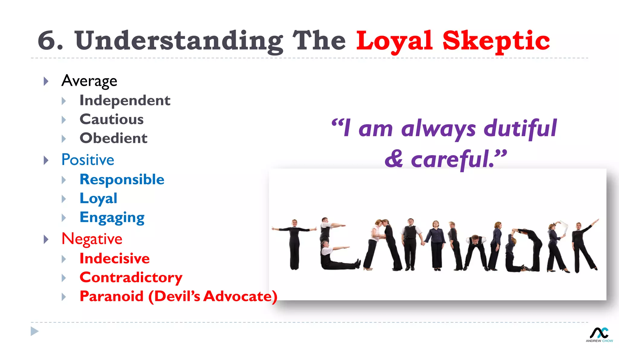 6. Understanding The Loyal Skeptic
“I am always dutiful
& careful.”
}  Average
}  Independent
}  Cautious
}  Obedient
}  Positive
}  Responsible
}  Loyal
}  Engaging
}  Negative
}  Indecisive
}  Contradictory
}  Paranoid (Devil’s Advocate)
 