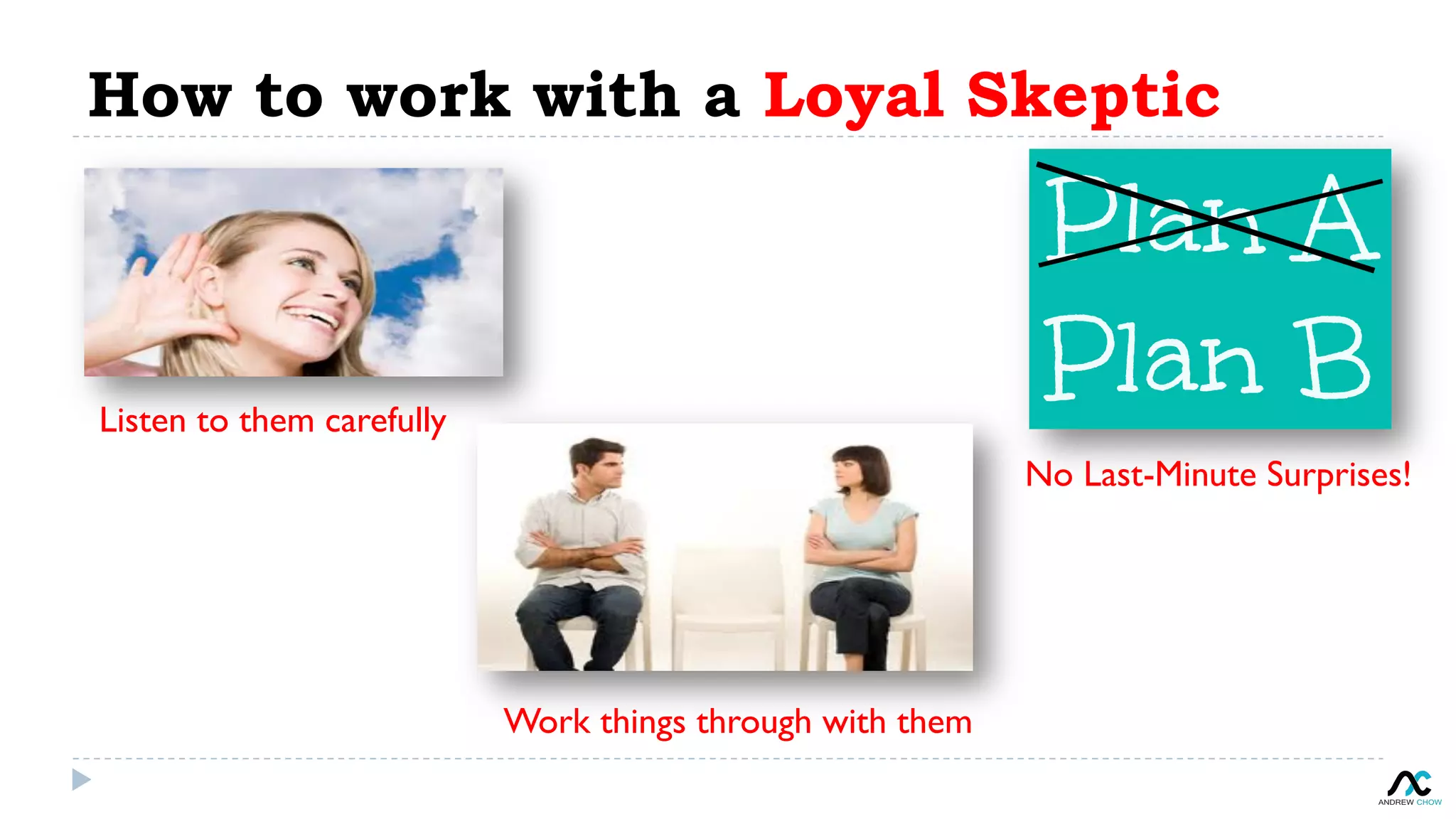How to work with a Loyal Skeptic
Listen to them carefully
Work things through with them
No Last-Minute Surprises!
 