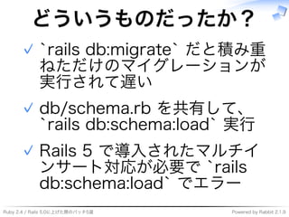 Ruby�2.4�/�Rails�5.0に上げた際のパッチ5選 Powered�by�Rabbit�2.1.9
どういうものだったか？
`rails�db:migrate`�だと積み重
ねただけのマイグレーションが
実⾏されて遅い
✓
db/schema.rb�を共有して、
`rails�db:schema:load`�実⾏�
(テスト/CI環境)
✓
Rails�5�で導⼊されたマルチイ
ンサート対応が必要で�`rails�
db:schema:load`�でエラー
✓
 