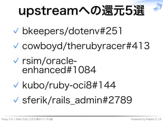 Ruby�2.4�/�Rails�5.0に上げた際のパッチ5選 Powered�by�Rabbit�2.1.9
upstreamへの還元5選
bkeepers/dotenv#251✓
cowboyd/therubyracer#413✓
rsim/oracle-
enhanced#1084
✓
kubo/ruby-oci8#144✓
sferik/rails̲admin#2789✓
 
