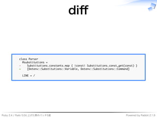 Ruby�2.4�/�Rails�5.0に上げた際のパッチ5選 Powered�by�Rabbit�2.1.9
diﬀ
������������
������������������
���������������������������������������������������������������������������
����������������������������������������������������������������������
����������
 