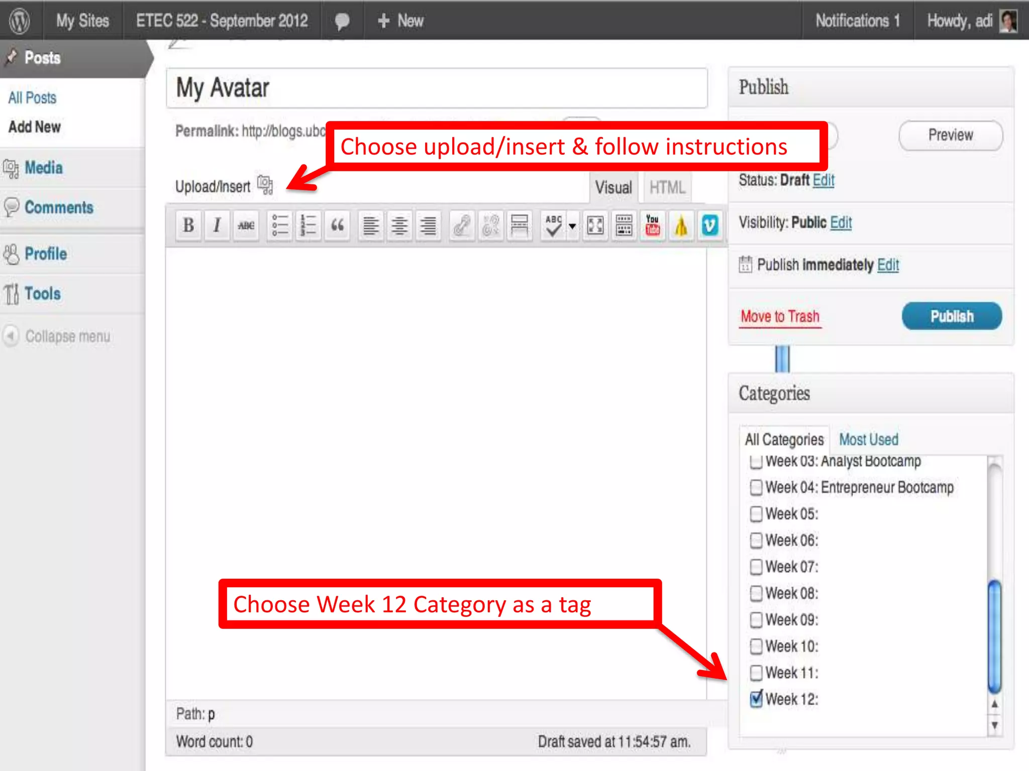 Choose upload/insert & follow instructions




Choose Week 12 Category as a tag
 