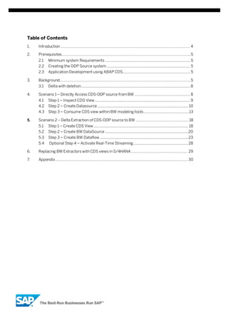 Table of Contents
1. Introduction ..................................................................................................................... 4
2. Prerequisites.....................................................................................................................5
2.1 Minimum system Requirements ........................................................................................ 5
2.2 Creating the ODP Source system....................................................................................... 5
2.3 Application Development using ABAP CDS...................................................................... 5
3. Background.......................................................................................................................5
3.1 Delta with deletion.................................................................................................................8
4. Scenario 1 – Directly Access CDS-ODP source from BW .................................................. 8
4.1 Step 1 – Inspect CDS View...................................................................................................9
4.2 Step 2 – Create Datasource .............................................................................................. 10
4.3 Step 3 – Consume CDS view within BW modeling tools...............................................13
5. Scenario 2 – Delta Extraction of CDS-ODP source to BW ................................................ 18
5.1 Step 1 – Create CDS View .................................................................................................. 18
5.2 Step 2 – Create BW DataSource ......................................................................................20
5.3 Step 3 – Create BW Dataflow............................................................................................23
5.4 Optional Step 4 – Activate Real-Time Streaming.........................................................28
6. Replacing BW Extractors with CDS views in S/4HANA ................................................... 29
7. Appendix........................................................................................................................ 30
 