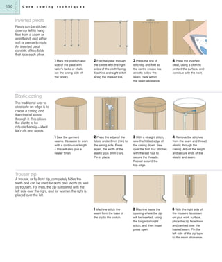 130

C o r e

s e w i n g

t e c h n i q u e s

Inverted pleats
Pleats can be stitched
down or left to hang
free from a seam or
waistband, and either
soft or pressed crisply.
An inverted pleat
consists of two folds
that face each other.

1 Mark the position and
size of the pleat with
tailor’s tacks or chalk
(on the wrong side of
the fabric).

2 Fold the pleat through

3 Press the line of

the centre with the right
sides of the cloth facing.
Machine a straight stitch
along the marked line.

stitching and fold so
the centre crease lies
directly below the
seam. Tack within
the seam allowance.

4 Press the inverted
pleat, using a cloth to
protect the surface, and
continue with the next.

1 Sew the garment
seams. It’s easier to work
with a continuous length
– this will also give a
neater finish.

2 Press the edge of the

3 With a straight stitch,

fabric under 6mm (1⁄4in) to
the wrong side. Press
again, the width of the
elastic plus 3mm (1⁄8in).
Pin in place.

sew the folded edge of
the casing down. Sew
over the first four stitches
with the last four to
secure the threads.
Repeat around the
top edge.

1 Machine stitch the
seam from the base of
the zip to the crotch.

2 Machine baste the

3 With the right side of

opening where the zip
will be inserted, using
the longest straight
stitch, and then finger
press open.

the trousers facedown
on your work surface,
place the zip facedown
and centred over the
basted seam. Pin the
left side of the zip tape
to the seam allowance.

Elastic casing
The traditional way to
elasticate an edge is to
create a casing and
then thread elastic
through it. This allows
the elastic to be
adjusted easily – ideal
for cuffs and waists.

4 Remove the stitches
from the seam and thread
elastic through the
casing. Adjust the length
and secure ends of the
elastic and seam.

Trouser zip
A trouser, or fly-front zip, completely hides the
teeth and can be used for skirts and shorts as well
as trousers. For men, the zip is inserted with the
left side over the right, and for women the right is
placed over the left.

 