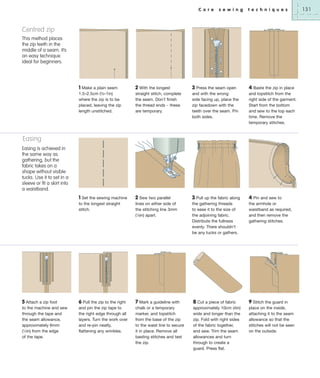 C o r e

s e w i n g

t e c h n i q u e s

Centred zip
This method places
the zip teeth in the
middle of a seam. It’s
an easy technique
ideal for beginners.

1 Make a plain seam
1.5–2.5cm (5⁄8–1in)
where the zip is to be
placed, leaving the zip
length unstitched.

2 With the longest

3 Press the seam open

straight stitch, complete
the seam. Don’t finish
the thread ends – these
are temporary.

and with the wrong
side facing up, place the
zip facedown with the
teeth over the seam. Pin
both sides.

1 Set the sewing machine
to the longest straight
stitch.

2 Sew two parallel

3 Pull up the fabric along

lines on either side of
the stitching line 3mm
(1⁄8in) apart.

the gathering threads
to ease it to the size of
the adjoining fabric.
Distribute the fullness
evenly. There shouldn’t
be any tucks or gathers.

6 Pull the zip to the right
and pin the zip tape to
the right edge through all
layers. Turn the work over
and re-pin neatly,
flattening any wrinkles.

7 Mark a guideline with
chalk or a temporary
marker, and topstitch
from the base of the zip
to the waist line to secure
it in place. Remove all
basting stitches and test
the zip.

8 Cut a piece of fabric
approximately 10cm (4in)
wide and longer than the
zip. Fold with right sides
of the fabric together,
and sew. Trim the seam
allowances and turn
through to create a
guard. Press flat.

4 Baste the zip in place
and topstitch from the
right side of the garment.
Start from the bottom
and sew to the top each
time. Remove the
temporary stitches.

Easing
Easing is achieved in
the same way as
gathering, but the
fabric takes on a
shape without visible
tucks. Use it to set in a
sleeve or fit a skirt into
a waistband.

5 Attach a zip foot
to the machine and sew
through the tape and
the seam allowance,
approximately 6mm
(1⁄4in) from the edge
of the tape.

4 Pin and sew to
the armhole or
waistband as required,
and then remove the
gathering stitches.

9 Stitch the guard in
place on the inside,
attaching it to the seam
allowance so that the
stitches will not be seen
on the outside.

131

 