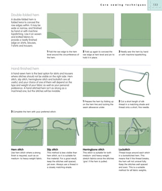 C o r e

s e w i n g

t e c h n i q u e s

Double-folded hem
A double-folded hem is
folded twice to conceal the
raw edges within. It may be
wide or narrow, and finished
by hand or with machine
topstitching. Use it on woven
and knitted fabrics to
provide a neatly finished
edge on shirts, blouses,
T-shirts and trousers.

1 Fold the raw edge to the hem
level around the circumference of
the hem.

2 Fold up again to conceal the

3 Neatly sew the hem by hand

raw edge at hem level and pin to
hold it in place.

or with machine topstitching.

1 Prepare the hem by folding up

2 Cut a short length of silk

on the hem line and tucking the
seam allowance under.

thread in a matching shade and
thread onto a short, fine needle.

Hand-finished hem
A hand-sewn hem is the best option for skirts and trousers
where stitches should not be visible on the right side. Hem
stitch, slip stitch, herringbone stitch and lockstitch are all
useful, and your choice of one of them will depend on the
type and weight of your fabric as well as your personal
preference. A hand-stitched hem isn't as strong as a
machined one, but the stitches will be invisible.

3 Complete the hem with your preferred stitch:

Hem stitch

Slip stitch

Herringbone stitch

Lockstitch

Use hem stitch where a strong
finish is required, such as on
medium- to heavy-weight fabric.

This method is less visible than
hem stitch, so it is suitable for
fine material. For a good result,
keep the stitches well spaced,
yet even. Always use a thread in
a closely matching shade.

This stitch is suitable for both
medium- and heavy-weight
stretch fabrics since the stitches
‘give’ if the hem is pulled.

Thread loops around each stitch
in a lockstitched hem. This
means that if the thread breaks,
the hem will not unravel fully.
Keep the stitches well spaced
and even. This is a suitable
method for all fabric weights.

133

 