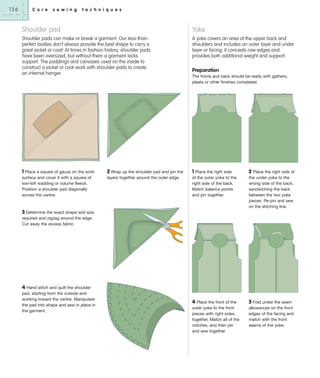 136

C o r e

s e w i n g

t e c h n i q u e s

Shoulder pad

Yoke

Shoulder pads can make or break a garment. Our less-thanperfect bodies don’t always provide the best shape to carry a
great jacket or coat! At times in fashion history, shoulder pads
have been oversized, but without them a garment lacks
support. The paddings and canvases used on the inside to
construct a jacket or coat work with shoulder pads to create
an internal hanger.

A yoke covers an area of the upper back and
shoulders and includes an outer layer and under
layer or facing. It conceals raw edges and
provides both additional weight and support.

1 Place a square of gauze on the work
surface and cover it with a square of
low-loft wadding or volume fleece.
Position a shoulder pad diagonally
across the centre.

1 Place the right side
of the outer yoke to the
right side of the back.
Match balance points
and pin together.

2

4 Place the front of the
outer yoke to the front
pieces with right sides
together. Match all of the
notches, and then pin
and sew together.

5 Fold under the seam

2 Wrap up the shoulder pad and pin the
layers together around the outer edge.

Preparation
The fronts and back should be ready with gathers,
pleats or other finishes completed.

Place the right side of
the under yoke to the
wrong side of the back,
sandwiching the back
between the two yoke
pieces. Re-pin and sew
on the stitching line.

3 Determine the exact shape and size
required and zigzag around the edge.
Cut away the excess fabric.

4 Hand stitch and quilt the shoulder
pad, starting from the outside and
working toward the centre. Manipulate
the pad into shape and sew in place in
the garment.

allowances on the front
edges of the facing and
match with the front
seams of the yoke.

 