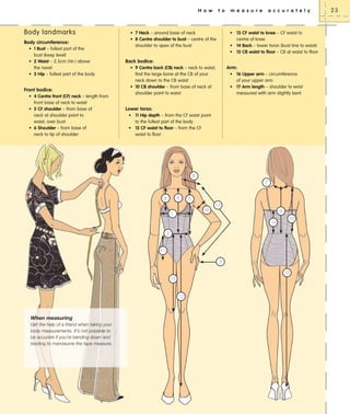 H o w

Body landmarks
Body circumference:
• 1 Bust – fullest part of the
bust (keep level)
• 2 Waist – 2.5cm (1in.) above
the navel
• 3 Hip – fullest part of the body

Front bodice:
• 4 Centre front (CF) neck – length from
front base of neck to waist
• 5 CF shoulder – from base of
neck at shoulder point to
waist, over bust
• 6 Shoulder – from base of
neck to tip of shoulder

t o

• 7 Neck – around base of neck
• 8 Centre shoulder to bust – centre of the
shoulder to apex of the bust

m e a s u r e

a c c u r a t e l y

• 13 CF waist to knee – CF waist to
centre of knee
• 14 Back – lower torso (bust line to waist)
• 15 CB waist to floor – CB at waist to floor

Back bodice:
Arm:

• 9 Centre back (CB) neck – neck to waist;
find the large bone at the CB of your
neck down to the CB waist
• 10 CB shoulder – from base of neck at
shoulder point to waist

• 16 Upper arm – circumference
of your upper arm
• 17 Arm length – shoulder to wrist
measured with arm slightly bent

Lower torso:
• 11 Hip depth – from the CF waist point
to the fullest part of the body
• 12 CF waist to floor – from the CF
waist to floor

6
7

4

8

5
17
16

1

9
14

10

2

11
3
15
13

12

When measuring
Get the help of a friend when taking your
body measurements. It’s not possible to
be accurate if you’re bending down and
twisting to manoeuvre the tape measure.

23

 