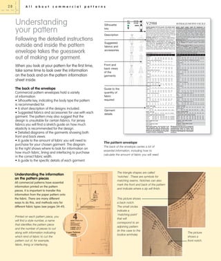 28

A l l

a b o u t

c o m m e r c i a l

p a t t e r n s

Understanding
your pattern
Following the detailed instructions
outside and inside the pattern
envelope takes the guesswork
out of making your garment.
When you look at your pattern for the first time,
take some time to look over the information
on the back and on the pattern information
sheet inside.
The back of the envelope
Commercial pattern envelopes hold a variety
of information:
• Silhouette key, indicating the body type the pattern
is recommended for.
• A short description of the designs included.
• Suggested fabrics and accessories for use with each
garment. The pattern may also suggest that the
design is unsuitable for certain fabrics. For jersey
fabrics you will find a stretch guide on how much
elasticity is recommended for the design.
• Detailed diagrams of the garments showing both
front and back views.
• A guide to the amount of fabric you will need to
purchase for your chosen garment. The diagram
to the right shows where to look for information on
how much fabric, lining and interfacing to purchase
in the correct fabric width.
• A guide to the specific details of each garment.

Understanding the information
on the pattern pieces
All commercial patterns have essential
information printed on the pattern
pieces. It is important to transfer this
information from the paper pattern onto
the fabric. There are many different
ways to do this, and methods vary for
different fabric types (see pages 34–41).

Printed on each pattern piece, you
will find a style number, a name
that identifies the pattern piece
and the number of pieces to cut
along with information indicating
which kind of fabric to cut the
pattern out of, for example,
fabric, lining or interfacing.

U.S.
CAN.

Silhouette
key

$ 27.50
$ 33.00
GREEN

Description
Suggested
fabrics and
accessories

FRONT
DEVANT
A

FRONT
DEVANT
B

FRONT
DEVANT
C

Front and
back views
of the
garments

V2988

AVERAGE/MOINS FACILE

FRONT
DEVANT
D

FRONT
DEVANT
E

Guide to the
quantity of
fabric
required

MISSES’/MISSES’ PETTITE JACKET, TOP, DRESS, SKIRT
AND PANTS: Lined, loose-ﬁtting, hip length jacket A, fully
interfaced has funnel collar and self-fabric button loops. Lined,
ﬁtted top B or dress C has invisible back Zipper. C: straight,
above mid-knee, centre back slit. Flared, loose-ﬁtting skirt D,
above mid-knee has centre front pleat. Semi-ﬁtted, straight leg
pants E, ﬂoor length have darted front and back, no side
seams. D, E: raised waist and invisible back zipper.
NOTIONS: Jacket A: Four 11/4" Shank or Regular Buttons.
Top B, Dress C: 20"/22" Invisible Zipper Hooks and Eyes.
Skirt D, Pants E: 7"/9" Invisible Zipper Hooks and Eyes.
FABRICS: Jacket A, Top B, Dress C: Lightweight Tweed,
Lightweight Fleece and Lightweight Crepe. Interfacing A:
Nylon Fusible Knt. Underlining B, C: Organza. Skirt D,
Pants E: Stretch Wool Crepe and Stretch Gabardine.
Unsuitable for obvious diagonals. Allow extra fabric to
match plaids or stripes. Use nap yardages/layouts for pile,
shaded or one-way design fabrics. *with nap. **without nap.

VESTE, HAUT, ROBE, JUPE ET PANTALON (J.
Femme/Petite J. femme): Veste A double ample, longueur
aux hanches, complètement entoilée avec col en entonnoir
et boucles à bouton du même tissue. Haut B ajusté, doublé
ou robe C avec glissière invisible. C: droite, au-dessus de
genou, fente au milleu dos. Jupe D évasée, ample, audessus du genou avec pli au milieu devant. Pantalon E
semi-ajusté, à jambes droites, au ras du sol avec pinces au
devant et dos, sans couture aux côtés. D, E: taile haute et
glissière invisible au dos.
MERCERIE: Veste A: 4 Boutons courants ou à tige (32mm).
Haut B, Robe C: Glissière invisible (51cm/56cm), Agrafes.
Jupe D Pantalon E: Glissière invisible (18cm/23cm),
Agrafes.
TISSUS: Veste A, Haut B, Robe C: Tweed ﬁn, Molleton ﬁn
et Crêpe ﬁn. Entoilage A: Tricot thermocollant de nylon.
Triplure B, C: Organza. Jupe D, Pantalon E: Crêpe de
laine extensible et Gabardine extensible. Rayures/grandes
diagonals/écossaise ne conviennent pas. Compte non tenu
des raccords de rayures/carreaux. *avec sens. **sans sens.

Combinations: AA(6-8-10-12), E5 (14-16-18-20-22)

Séries: AA(6-8-10-12), E5(14-16-18-20-22)

SIZES 6
8 10
12 14
JACKET A
45"*/** 3
3
3ǩ 3Ǫ 3Ǫ
60"*/** 2
2
2¼ 2¼ 2¼
FUSIBLE KNIT INTERFACING A
60"* 1ǫ 1ǫ 1ǫ 1ǫ 2ǩ
LINING A
45"
1¾ 1¾ 1¾ 1¾ 1¾

V

TAILLES 6
8
10
12 14 16 18 20
VESTE A
115cm*/** 2.8 2.8 2.9 3.1 3.1 3.1 3.1 3.2
115cm*/** 1.9 1.9 2.1 2.1 2.1 2.1 2.2 2.2
ENTOILAGE DE TRICOT THERMOCOLLANT A
150cm*
1.5 1.5 1.5 1.5 2.0 2.0 2.0 2.1
DOUBLURE A
115CM
1.6 1.6 1.6 1.6 1.6 1.6 1.8 1.8

TOP B
45"*/** 1Ǫ 1Ǫ 1Ǫ 1Ǫ
60"*/** 1
1
1
1
UNDERLINING B (Organza)
45"*/** 1Ǫ 1Ǫ 1Ǫ 1Ǫ
60"** 1
1
1
1
LINING B
45"
1Ǫ 1Ǫ 1Ǫ 1Ǫ
DRESS C
45"*/** 1¾ 1¾ 1¾ 1Ǭ
60"*/** 1ǫ 1ǫ 1ǫ 1ǫ
60"** 1¼ 1¼ 1¼ 1¼
UNDERLINING C (Organza)
45"** 1¾ 1¾ 1¾ 1¾
60"** 1¼ 1¼ 1¼ 1¼
LINING C
45"
1¾ 1¾ 1¾ 1¾
SKIRT D
45"* 2¼ 2¼ 2¼ 2Ǫ
60"* 1¾ 1¾ 1¾ 1¾
FUSIBLE INTERFACING D
22"
¼
¼
¼
¼
45"
¼
¼
¼
¼
PANTS E
45"* 2¾ 2¾ 2¾ 2¾
60"* 1½ 1½ 1½ 1½
FUSIBLE INTERFACING E
22"
Ǭ
Ǭ Ǭ
1
45"
¼
¼
¼
¼

18

20

22

3Ǫ 3Ǫ
2Ǫ 2Ǫ

16

3½
2Ǫ

3½
2ǫ

2ǩ 2ǩ

2¼

2¼

1¾ 1Ǭ

1Ǭ

2

1½ 1½ 1ǫ
1
1
1Ǫ

1ǫ
1Ǫ

1¾
1Ǫ

1½ 1½ 1ǫ
1
1
1Ǫ

1ǫ
1Ǫ

1¾
1Ǫ

1½ 1½ 1ǫ

1ǫ

1¾

2¼ 2¼ 2Ǫ
1¾ 1¾ 1¾
1¼ 1¼ 1Ǫ

2½
1¾
1¾

2½
1¾
1¾

1Ǭ 2
2Ǫ
1¼ 1¼ 1Ǫ

2½
1¾

2½
1¾

1Ǭ 2

2Ǫ

2½

2½

2Ǫ 2Ǫ 2½
1¾ 1¾ 1Ǭ

2ǫ
1Ǭ

2¾
2

¼
¼

¼
¼

ǫ
¼

¼
¼

¼
¼

2¾ 2¾ 2¾
1½ 1Ǭ 2Ǫ

2¾ 2¾
2Ǫ ǫ

1
¼

1ǩ 1¼
¼ ¼

1
¼

1ǩ
¼

HAUT B
115cm*/** 1.3 1.3 1.3
150cm*/** 1.0 1.0 1.0
TRIPLURE B (Organza)
115cm** 1.3 1.3 1.3
150cm** 1.0 1.0 1.0
DOUBLURE B
115CM
1.3 1.3 1.3
ROBE C
115cm*/** 1.6 1.6 1.6
150cm*
1.5 1.5 1.5
150cm** 1.2 1.2 1.2
TRIPLURE C (Organza)
115cm** 1.6 1.6 1.6
150cm** 1.2 1.2 1.2
DOUBLURE C
115cm
1.6 1.6 1.6

22
3.2
2.4
2.1
1.9

1.3 1.4 1.4 1.5 1.5 1.6
1.0 1.0 1.0 1.3 1.3 1.3
1.3 1.4 1.4 1.5 1.5 1.6
1.0 1.0 1.0 1.3 1.3 1.3
1.3 1.4 1.4 1.5 1.5 1.6
1.8 2.1 2.1 2.2 2.3 2.3
1.5 1.6 1.6 1.6 1.6 1.6
1.2 1.2 1.2 1.3 1.6 1.6
1.6 1.8 1.9 2.2 2.3 2.3
1.2 1.2 1.2 1.3 1.6 1.6
1.6 1.6 1.9 2.2 2.3 2.3

JUPE D
115cm*
2.1 2.1 2.1 2.2 2.2
150cm*
1.6 1.6 1.6 1.6 1.6
ENTOILAGE THERMOCOLLANT D
56cm
0.3 0.3 0.3 0.3 0.3
115cm
0.3 0.3 0.3 0.3 0.3
PANTALON E
115cm*
2.6 2.6 2.6 2.6 2.6
150cm*
1.4 1.4 1.4 1.4 1.4
ENTOILAGE THERMOCOLLANT E
56cm
0.8 0.8 0.8 1.0 1.0
115cm
0.3 0.3 0.3 0.3 0.3

2.2 2.3 2.4 2.6
1.6 1.8 1.8 1.9
0.3 0.3 0.3 0.6
0.3 0.3 0.3 0.3
2.6 2.6 2.6 2.6
1.8 2.2 2.2 2.4
1.0 1.1 1.1 1.2
0.3 0.3 0.3 0.3

Width, lower edge
Jacket A
38½ 39½ 40½ 42 44 46
48 50 52
Top B, Dress C
36
37 38
39½ 41½ 43½ 45½ 47½ 49½
Width, each leg
Pants E
20 20½ 21

Garment
details

Largeur, à l’ourlet
Veste A 98 100 103 107 112 117 122 127 132
Haut B, Robe C
92
94 97 100 105 110 116 121
126
Largeur, chaque jambe
Pantalon E51 52
54

57

59

60

61

Back length from base of your neck
Jacket A
24½ 24¾ 25 25¼ 25½ 25¾ 26 26¼ 26½
Top B
23½ 23¾ 24 24¼ 24½ 24¾ 25 25¼ 25½
Dress C
36½ 36¾ 37 37¼ 37½ 37¾ 38 38¾ 38½

Longueur-dos, votre nuque à l’ourlet
Veste A 62 63
64
64 65 66
Haut B 60 61
61
62 62 63
Robe C 93 94
94
95 95 96

66
64
97

67
64
97

67
65
98

Back length from waist
Skirt D,21"

Longueur – dos, taille à ourlet
Jupe D. 54 cm

21½ 22

22½ 23 23½ 24

Side length from waist
Pants E, 42"

REGISTERED MODEL: THIS PATTERN IS FOR
THE EXCLUSIVE USE OF PRIVATE CUSTOMERS. ANY COPYING OF THIS DESIGN FOR
RESALE OF THE GARMENT IN ANY FORM,
WITH OR WITHOUT THE NAME OF THE COUTURIER IS STRICTLY FORBIDDEN.

55

56

Longueur – Côté, taille à ourlet
Pantalon E, 107cm

MARQUE DEPOSEE. EXCLUSTIVITERESERVEE
A L’USAGE DE LA CLIENTELE PRIVEE. TOUTE
REPRODUCTION POUR LA VENTE SOUS
QUELQUE FORME QUE CE SOIT AVEC OU SANS
LE NOM DU COUTURIER EST STRICTEMENT
INTERDITE.

The pattern envelope
The back of the envelope carries a lot of
essential information, including how to
calculate the amount of fabric you will need.

The triangle shapes are called
‘notches’. These are symbols for
matching seams. Notches can also
mark the front and back of the pattern
and indicate where a zip will finish.

This picture shows
a back notch.
The small circles
indicate a
‘matching point’
that will
correspond to an
adjoining pattern
(in this case to the
bodice armhole).

The picture
shows a
front notch.

 