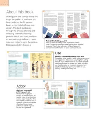 6

About this book

14

A l l

a b o u t

c o m m e r c i a l

The essential body landmarks.
When taking body measurements, it is extremely important to be accurate.
A well-balanced, nicely-fitting garment could depend entirely on this. Keep
your tape measure flat to the body and do not pull it tight or twist it. Try to
keep all horizontal measurements level.

Body circumference:

• Your working arm (depending
on whether you are right or left
handed) may have a greater
circumference: up to 2–3cm
(1 in) more! If so, always use the
larger measurement.

• 1 Bust – fullest part of the
bust (keep level)
• 2 Waist – 2.5cm (1in.) above
the navel
• 3 Hip – fullest part of the body

Front bodice:
• 4 Centre front (CF) neck – length from
front base of neck to waist
• 5 CF shoulder – from base of
neck at shoulder point to
waist, over bust
• 6 Shoulder – from base of
neck to tip of shoulder

Photocopy this

C h o o s i n g

Woven fabrics

Standard
Size UK12/US8

1

Bust

87cm (34 ⁄4in)

2

Waist

68cm (263⁄ 4in)

1

3

Hip

92cm (36 1⁄ 4in)

4

CF neck to waist

32cm (12 1⁄2in)

5

CF shoulder to waist

34.5cm (13 1⁄2in)

6

Shoulder

9cm (3 ⁄ 2in)

7

Neck

37cm (141⁄ 2in)

8

C shoulder point to bust

23cm (9in)

9

CB neck to waist

40cm (153⁄4in)

10 CB shoulder to waist

Calico cotton A lightweight, plain-weave

fabric, often with a printed pattern, this is
appropriate for both casual clothing and
children’s wear since it launders well.

Denim A heavyweight cotton usually dyed
blue and constructed in a twill weave
with white weft threads and blue warp
threads. Suitable for work clothing, jeans,
skirts, jackets and children’s clothes.
Gingham A medium-weight fabric
available in pure cotton and also in
cotton blends. The fabric’s fibres are
dyed beforehand and then woven to
form checks or stripes.

Consider the stripes and
checks of gingham, and
ensure these match at
seams and openings.

11/18/09 1:18:37 AM
11/16/09 6:43:24 PM

times from the natural fibres of the flax
plant. The flax makes the fabric strong
and absorbent, and also gives linen its
high natural sheen. Like cotton, this
natural fabric was traditionally used
alone, but is now mixed with other fibres
to alter its qualities. Spandex helps to
reduce the wrinkling nature of linen. Silk
and cotton may also be added.
Linen does wrinkle easily; however, this
is considered part of its charm, and
wrinkles are easily removed with a steam
iron. The fabric accepts dyes very well
and is available in a wide range of
fashion colours. Natural-fibre or undyed
linen is available in various weights and
shades ranging from pale ivory to tan.
‘Pure white’ linen is actually linen that has
been heavily bleached. Because of its
crispness, linen is ideal for tailored
clothing, from lightweight blouses to
heavyweight jackets.

MICROFIBRE FABRICS
These ‘miracle’ microfibre fabrics are a
modern invention. They are chemically
produced filaments made of nylon and
polyester. The microfibres that construct
the final fabrics are exceedingly thin
compared with conventional fabric
threads, and therefore the weave is
densely packed. The resulting fabrics
share the texture and draping quality of
natural fibres and are also lightweight,
yet durable. Although the very fine fibres
are ideal for emulating silk, they can be
adapted for many uses.
Microfibre fabrics tend to be wind
resistant as well as waterproof, so they
are excellent for warm outdoor wear and
impermeable rain gear. Microfibres are
washable, but there is one note of
caution: Because of their synthetic
chemical composition, they tend to

Microfibre drapes well, and
does not cling or crease.

15

f a b r i c s

be heat sensitive, so care should be
taken when pressing them or having
them dry-cleaned.
Lightweight microfibre

Use this as an alternative to silk for
lingerie and lightweight blouses.
Medium-weight microfibre

Use this for shirts and skirts where a soft
draping quality is required, and for sports
clothes (running and cycling).
Heavier microfibre

Choose this for jackets and
waterproof clothing.

SILK
A natural fibre, discovered 5,000 years
ago by weavers in China who unwound
the thin outer casings of silkworm larvae
and used the thread to produce fabric
of exceptional beauty and sheen. This
can be emphasized with a satin weave
cloth of 100% silk that is lovely to work
with but cheaper, synthetic fibres are
often used to produce fabric of a similar
appearance that does not handle as
easily and can melt under the heat of
the iron. Silk dyes well and is available
in an array of vibrant colours, as well
as muted tones. It is ideal for tailored
blouses, bridal gowns and other formal
evening wear.
Crepe de Chine A lightweight, plainweave silk with a matt texture and muted
lustre. Polyester imitations of this fabric
are widely available. With a soft hand, it
is ideal for lingerie, as well as for blouses
and formal evening wear.

The colour of dupion silk can
vary depending on how light
reflects on it, so cut all pieces
in the same direction.

USP 008-017 corrections_.indd 15
UK_.indd 15

11/24/09 12:31:06 AM
11/18/09 1:18:43 PM

Tools and materials (pages 8–17)
Here you’ll find a useful guide to the essential pattern
cutter’s tools and materials and the different types of thread
available. There is also a directory of fabric types, with
comprehensive information on fabric qualities and uses.
t o

m e a s u r e

23

a c c u r a t e l y

• 13 CF waist to knee – CF waist to
centre of knee
• 14 Back – lower torso (bust line to waist)
• 15 CB waist to floor – CB at waist to floor

• 7 Neck – around base of neck
• 8 Centre shoulder to bust – centre of the
shoulder to apex of the bust

Use

Back bodice:

All about commercial patterns (pages 18–45)

Arm:

• 9 Centre back (CB) neck – neck to waist;
find the large bone at the CB of your
neck down to the CB waist
• 10 CB shoulder – from base of neck at
shoulder point to waist

• 16 Upper arm – circumference
of your upper arm
• 17 Arm length – shoulder to wrist
measured with arm slightly bent

This section of the book is a guide to using commercial
sewing patterns. It discusses everything from getting
ready to buy a pattern based on your figure shape to
measuring yourself accurately, right down to how to
use the information on the pattern envelope. You’ll
also find out about preparing your fabric for use,
pinning, marking and cutting out.

Lower torso:
• 11 Hip depth – from the CF waist point
to the fullest part of the body
• 12 CF waist to floor – from the CF
waist to floor

7

4

5
16

9
14

10

23cm (91⁄4in)

15 CB waist to floor

Cotton poplin A tightly woven cotton
with a distinctive horizontal rib, this
will withstand heavy wear and many
launderings, and is appropriate for
skirts, trousers and summer jackets.

sheer plain-weave cotton, this is ideal for
children’s wear, lingerie, handkerchiefs

17

58.5cm (23in)

14 Back

Cotton lawn Another lightweight, plainweave cotton. Often quite sheer, this
fabric is strong enough to hold pin tucks
and smocking typical of children’s wear.
It’s a good choice for summer blouses
and dresses.

Calico An inexpensive, roughly woven
cotton. The medium-weight variety is
often used to construct ‘dummy’ trousers,
or dress patterns, to check the fit before
constructing the final garment in an
expensive fabric. It is suitable for linings.

USP 008-017 corrections_.indd 14
UK_.indd 14

1

103cm (40 1⁄2in)

13 CF waist to knee

plant, cotton readily accepts coloured
dyes. Cotton has a tendency to shrink, so
it’s a good idea to preshrink before
cutting out. Either pass over the fabric
with a steam iron or launder beforehand.
Cottons are usually cut on the grain for
stability, but can be cut and sewn on the
bias for ease of wear or design contrast.

Use weights instead of
pins when cutting denim.

8

20.5cm (8in)

12 CF waist to floor

with a pile that is then cut to produce
ribs. Available in different weights –
lightweight, needle cord is excellent for
children’s clothing, tailored jackets and
slacks; heavier, broad-wale corduroy is
warm enough for outdoor sportswear.
A variant, uncut corduroy, has a soft
nap similar to velvet.

Cotton A natural product of the cotton

Cotton batiste A fine, lightweight and

Cotton poplin's
strength is derived
from its tight weave.

6

Start by asking for help from a
friend. It is virtually impossible to
take accurate measurements by
yourself. Use a dressmaker's
measuring tape. Remove all of
your outer clothing, but remain
in your undergarments while
measuring. Use the standard size
UK12/US8 measurements (left) to
compare with your own.
Use the diagrams provided
opposite as a guide to where to
take the measurements. These
measurement points are called
‘body landmarks’. Body landmarks
can be indicated on your body by
positioning sticky tape on your
undergarments. Stand with your
feet together while measuring.

Cotton corduroy A cotton fabric, woven

Linen A crisp fabric, woven since ancient

42cm (161⁄2in)

11 Hip depth

Personal
Measurements

fabric with a fine rib, available in pure
cotton or a cotton-polyester blend.
Broadcloth is commonly used for tailored
blouses or shirts.

cotton, with a slight sheen, most often
dyed beige and often used for slacks. A
heavier-weight chino, dyed in dark blue
or black, is appropriate for work clothes.

Getting started

Landmark

Cotton broadcloth A medium weight

COTTONS
These fabrics were traditionally made
from 100% cotton but are often blended
or even replaced with man-made fibres
like polyester or rayon today.

Chino A medium-weight, twill-weave

Mark all your measurements down: remember to
re-measure if your body changes shape over time.

MEASUREMENT CHART

and blouses. Cotton batiste is substantial
enough to support hand or machine
embroidery embellishments used in
heirloom sewing techniques.

Generally, medium-weight, woven fabrics
are easy to handle and are the best
choice for beginners. Stiff and bulky
fabrics or those that are fine, with little
body are more difficult to sew with.

Commercial patterns contain valuable suggestions regarding which fabric types suit a
garment’s particular design. Check the back of the pattern envelope. You’ll find a list of
appropriate fabrics, their widths and exactly how much fabric (what length) you will
need to buy. Cotton and linen fabrics are available in standard widths of 90cm (36in),
to 120cm (45in) and sometimes even 130cm (54in) and 150cm (60in). Woollens are most
often woven on wider looms and normally measure about 150cm (60in) wide. Knit
fabrics are usually available in widths from 140cm (56in) to 150cm (60in).
Don’t trust your ‘eye’ when selecting a fabric that must match the colour of another
garment. A shade of green, for example, can be difficult to visualize mentally. Green
hues undergo subtle tonal changes depending upon whether they tend more toward
the blue or the yellow in their composition. Bring the original garment with you to the
fabric shop, to be sure the colours are compatible.
Take time to decide on the perfect fabric for your needs. Lightweight corduroy, for
example, is perfect for children’s wear since it is very durable, and lightweight, silky
knits will drape beautifully in the flowing lines of a dress.
Finally, when bringing your fabric home, and certainly when storing, roll the fabric
instead of folding it. This will prevent creases that may be difficult to remove.
Attention to these details will ensure the success of your project, but coordinating a
beautiful fabric in a colour and texture that perfectly matches your garment’s design
will turn your project into a work of art.

H o w

Body landmarks
Tip

m a t e r i a l s

When selecting a fabric for your project, it’s important to take the fabric’s
fibre content, texture (or ‘hand’), drape, colour, and in some instances, the
size of its print, or its horizontal stretch, into account. Once a piece of fabric
is cut, it cannot be returned, and mistakes can be costly.

p a t t e r n s

How to measure accurately

a n d

A wide selection of fabrics in various textures and
colours is available.

Making your own clothes allows you
to get the perfect ﬁt, and once you
have perfected the ﬁt, you can
begin to add details of your own
design. This book guides you
through the process of using and
adapting commercial sewing
patterns to suit your body, and then
moves on to explain how to create
your own patterns using the pattern
blocks provided in chapter 5.

22

To o l s

Choosing fabrics

104cm (41in)

1

16 Upper arm

11
3
15
13

12

When measuring
Get the help of a friend when taking your
body measurements. It’s not possible to
be accurate if you’re bending down and
twisting to manoeuvre the tape measure.

34cm (131⁄2in)

17 Arm length

2

56.5cm (221⁄4in)

USP 018-061 B1 corrections_.indd 22
UK_.indd 22

11/24/09 12:50:57 PM
11/25/09 1:01:31

USP 018-061 B1 corrections_.indd 23
UK_.indd 23

11/25/09 1:01:34
11/24/09 3:27:49 PM

60

A l t e r i n g

a

p a t t e r n

S i m p l e

Simple dress alterations

a l t e r a t i o n s •

It is especially important to keep the CF and CB lines straight
when altering a large pattern such as this princess-line dress.
It is important to consider where you need the alteration on
the body, as this type of garment covers two alteration points:
above and below the waist.

Once you’ve bought your
pattern, you might find that you
need to make some alterations
in order to get the perfect fit. In
this chapter, you’ll learn how to
make the most commonly used
alterations to commercial
patterns in order to improve
the fit of your garments.

t r o u s e r

a l t e r a t i o n s

61

This is a simple alteration just
for the length of the leg.
Use the lengthen and shorten line as
before, remembering to alter the same
amount front and back.

Shortening a princess-line dress
When shortening this pattern, use the CF, CB or
the grain line as a guide to align the pieces. This is
important in order to retain the garment’s shape.

Altering a commercial
pattern (pages 46–61)

S i m p l e

Simple trouser
alterations

When lengthening this pattern,
use the CF, CB or the grain line
as a guide to align the pieces to.
This is important in order to
retain the original garment shape.

Lengthening or shortening a princess-line dress.

Adapt

d r e s s

Lengthening a princessline dress

Lengthening and shortening trousers
When altering trousers, align the pattern
alterations to the centre leg grain line.
By doing this, you will retain the original
trouser shape.

1

Locate all the pattern pieces
required for your design and cut
them out to the required size.
Locate the desired position for your
alteration and cut across the line.
Glue or tape on some paper to one
half of the pattern and measure out
the amount to be added.

1

Locate all the
pattern pieces
required for your
design and cut
them out to the
required size.

Shortened dress
Dress before alteration
Lengthened dress

2

1

Locate all the pattern pieces required for
your design and cut them out. To shorten
the trousers, follow the same method as for
shortening the sleeve (see page 56).

2 When lengthening trousers, ensure
you line up the grain lines to retain the
original trouser style and shape.

Draw a pencil line.

3
2 Measure the amount to shorten the
dress by.

USP 018-061 B1 corrections_.indd 60
UK_.indd 60

3

Draw a parallel pencil line.

4 Make a crease, fold down the required
amount, and secure it with tape.

11/18/09 12:15:53 AM
11/16/09 10:51:37 PM

Align the other pattern pieces to the
grain line, CF or CB, and secure them
with tape. Trim off the excess paper
on either side.

USP 018-061 B1 corrections_.indd 61
UK_.indd 61

Trousers made shorter

Trousers made longer

11/18/09 12:15:53 AM
11/16/09 10:52:32 PM

 