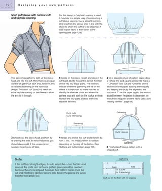 D e s i g n i n g

y o u r

o w n

p a t t e r n s

For this design, a ‘keyhole’ opening is used.
A ‘keyhole’ is a simple way of constructing a
cuff sleeve opening. Cut a straight line 8cm
(3in) long from the sleeve end, in line with the
elbow to where the cuff is to be attached. A
bias strip of fabric is then sewn to the
opening (see page 129).

This sleeve has gathering both at the sleeve
head and into the cuff. Here there is an equal
number of gathers at each end; however, this
is variable depending on the individual
design. This short cuff (5cm/2in) needs an
extra keyhole opening on the sleeve to allow
the arm to fit through.

1 Decide on the sleeve length and draw in the

2 On a separate sheet of pattern paper, draw

cuff band. Divide the central part of the main
sleeve into four equal parts. The red lines
indicate where the gathering will be on the
sleeve. It is important to make notches to
identify the shoulder point and where the
gathers stop and start on the bodice armhole.
Number the four parts and cut them into
separate sections.

a vertical line and square across it to make a
‘T’. Position your cut and numbered sleeve
sections on the paper, spacing them equally
and keeping the bicep line aligned to the
horizontal ‘T’ on the paper. Again, the amount
added between the pieces is dependent on
the fullness required and the fabric used. (See
‘Adding fullness’, page 94.)

Cut 4 cuffs
Cut 2 interfacing

Shoulder

Short puff sleeve with narrow cuff
and keyhole opening

Gathering

Grain

90

Gathering

Cut 2 sleeves

3 Smooth out the sleeve head and hem by
re-drawing the lines. In these instances, you
should always add. If the excess is not
needed, it can be cut off later.

4 Shape one end of the cuff and extend it by
4cm (11⁄2in). This measurement is variable
depending on the size of the button. (See
‘Buttons and buttonholes’, page 101.)

Gathering

5 Finished puff sleeve pattern with a
shaped cuff.

Note
If this cuff had straight edges, it could simply be cut on the fold and
sewn at the ends, and only one pattern piece would be needed.
Because the end is shaped, however, two pattern pieces must be
cut and interfacing applied on one side before the pieces are sewn
together (see page 105).

Gathering

Fold
Grain
Cut 2 cuffs
Cut 2 interfacing
Cuff cut on the fold with no shaping

 
