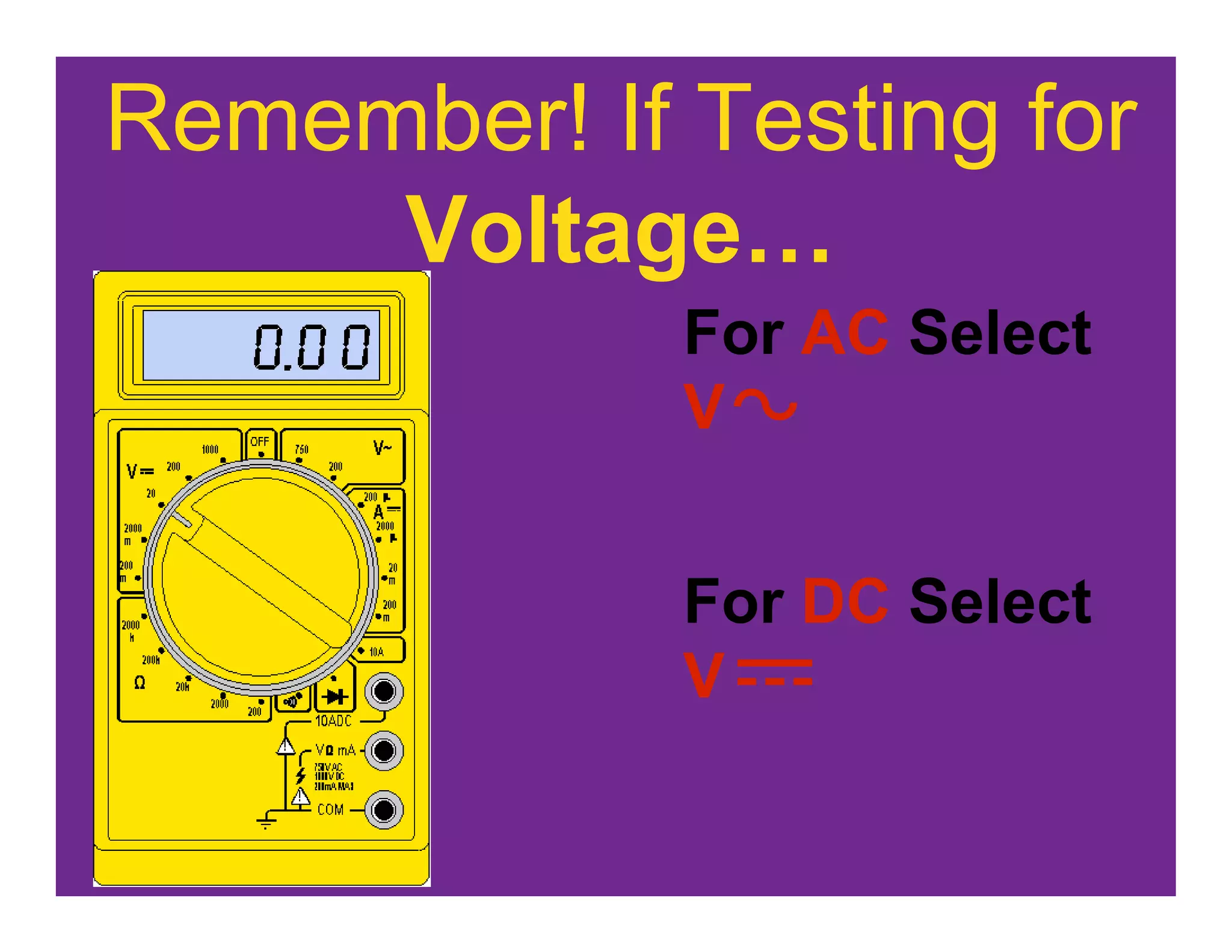 Remember! If Testing for
     Voltage…
             For AC Select
             V


             For DC Select
             V
 