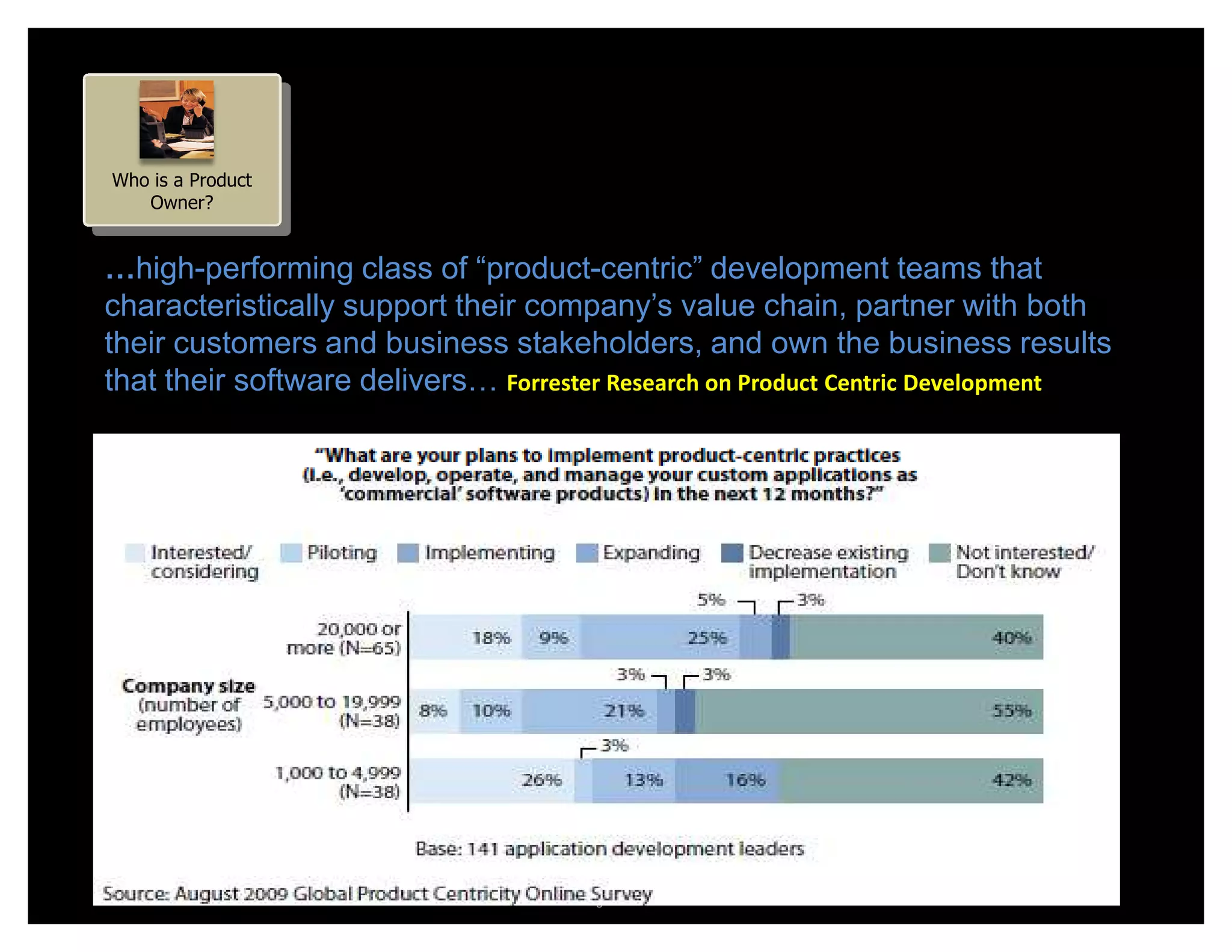 Who is a Product
   Owner?


…high-performing class of “product-centric” development teams that
characteristically support their company’s value chain, partner with both
their customers and business stakeholders, and own the business results
that their software delivers… Forrester Research on Product Centric Development




                                   © ThoughtWorks 2010   11
 