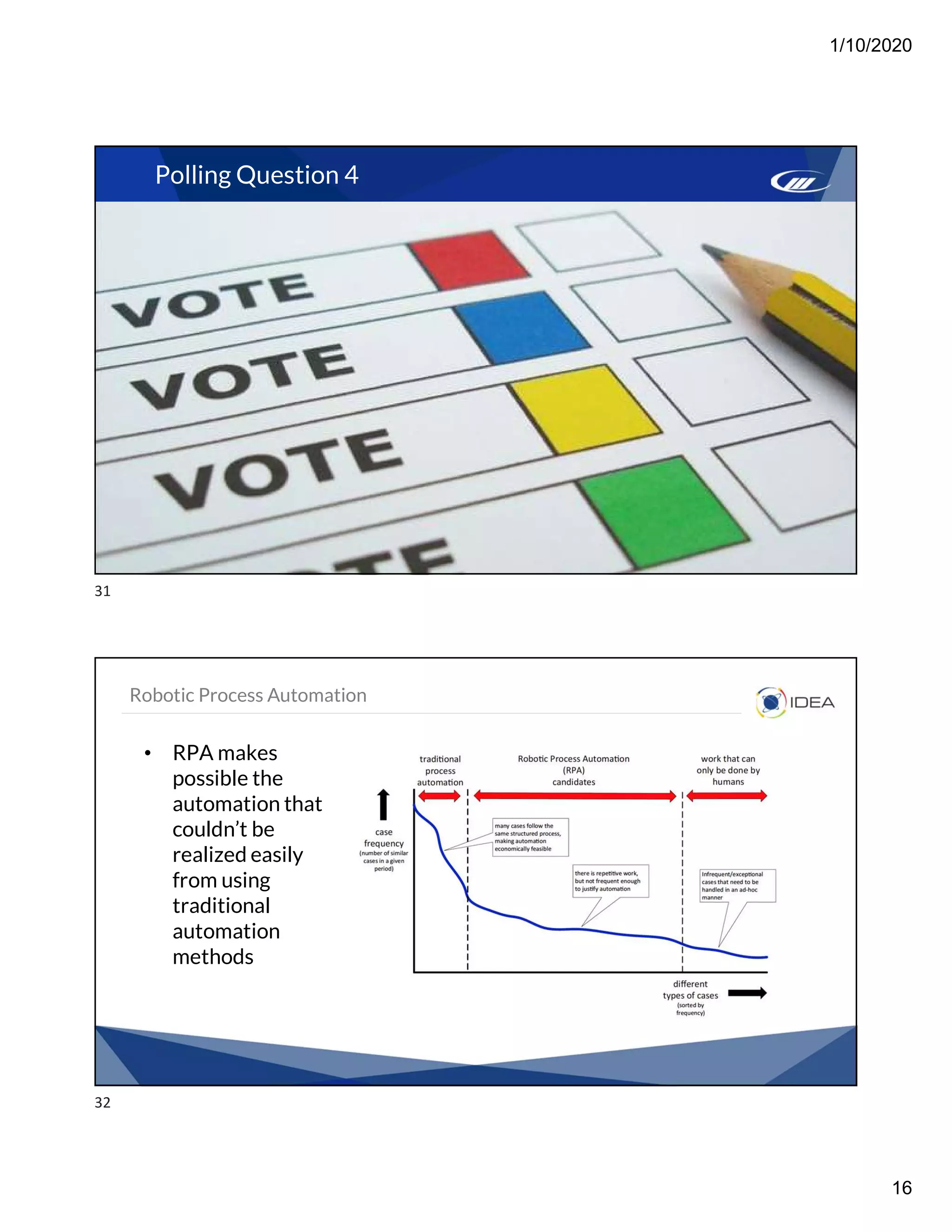 1/10/2020
16
Polling Question 4
Robotic Process Automation
• RPA makes
possible the
automation that
couldn’t be
realized easily
from using
traditional
automation
methods
31
32
 