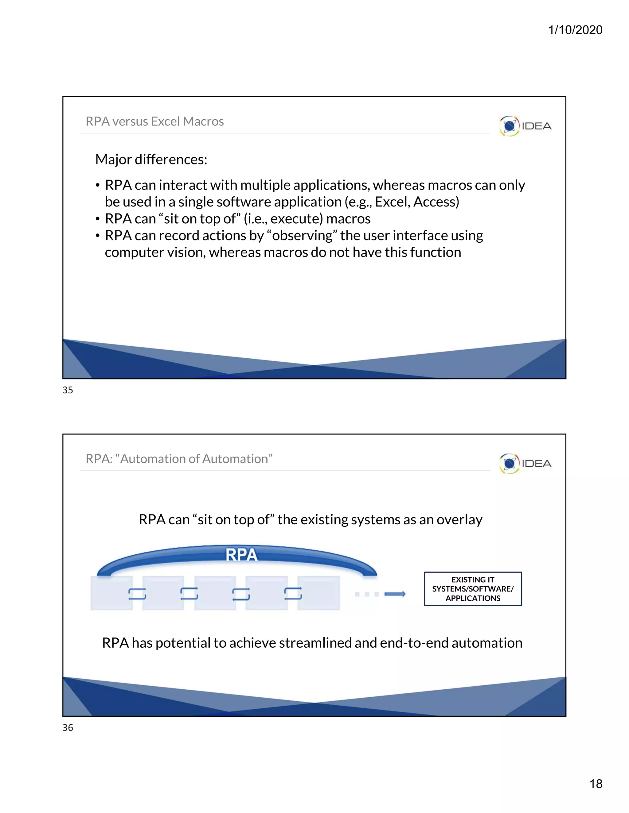 1/10/2020
18
RPA versus Excel Macros
Major differences:
• RPA can interact with multiple applications, whereas macros can only
be used in a single software application (e.g., Excel, Access)
• RPA can “sit on top of” (i.e., execute) macros
• RPA can record actions by “observing” the user interface using
computer vision, whereas macros do not have this function
RPA: “Automation of Automation”
RPA can “sit on top of” the existing systems as an overlay
EXISTING IT
SYSTEMS/SOFTWARE/
APPLICATIONS
RPA has potential to achieve streamlined and end-to-end automation
35
36
 
