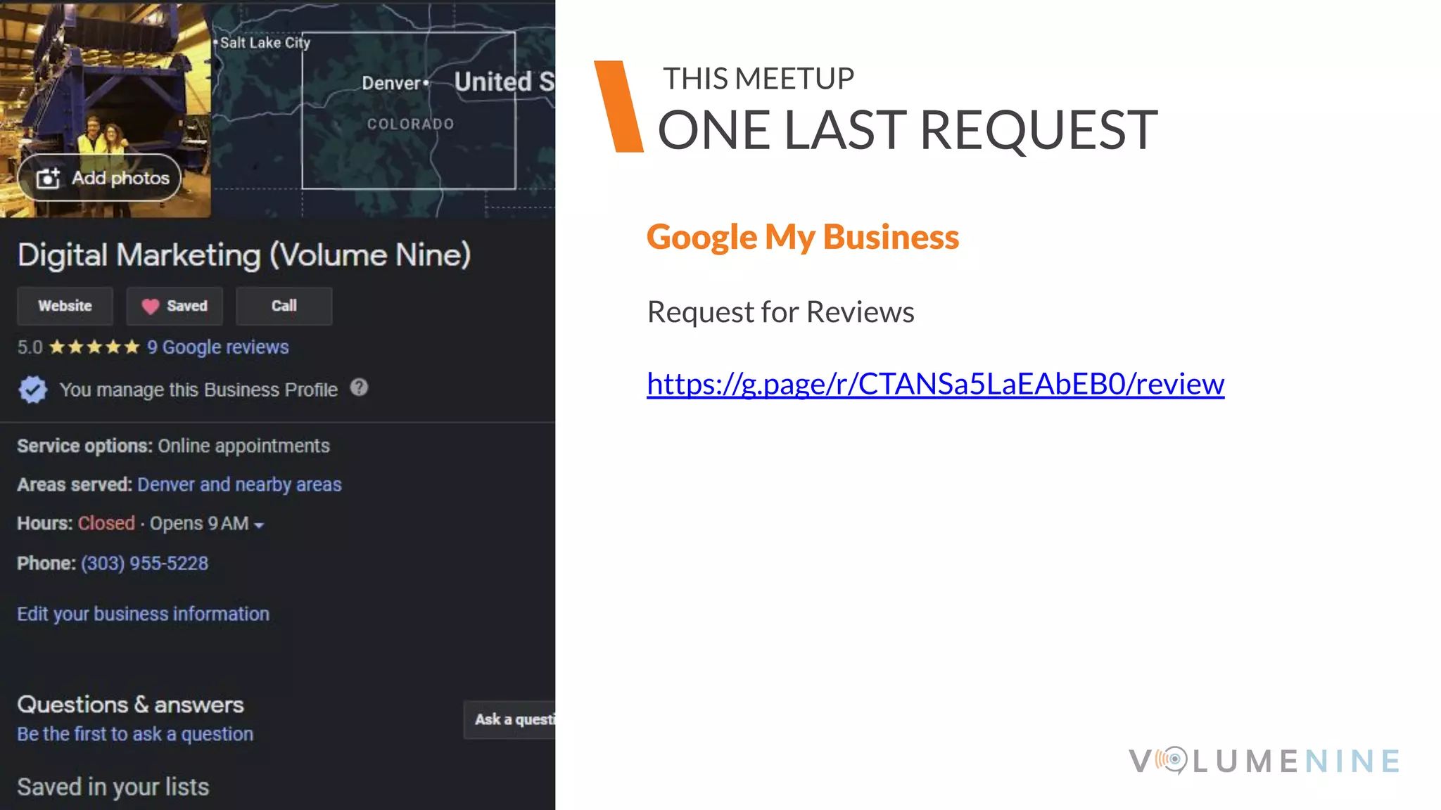 Image goes here
370 x 540 pixels
Google My Business
Request for Reviews
https://g.page/r/CTANSa5LaEAbEB0/review
Image goes here
370 x 540 pixels
ONE LAST REQUEST
THIS MEETUP
 