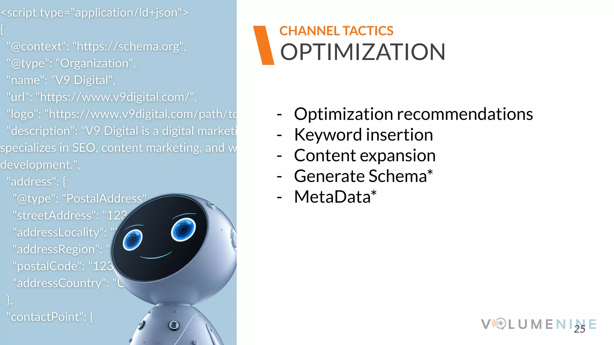 Image goes here
370 x 540 pixels
25
OPTIMIZATION
CHANNEL TACTICS
- Optimization recommendations
- Keyword insertion
- Content expansion
- Generate Schema*
- MetaData*
 